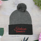 Red Pom-Pom Knit Cap with 'ELOHIM, GENESIS 1:1'  Embroidery Beanie - Stylish Winter Accessory for All Ages, Perfect Gift for Birthdays, Holidays, and Outdoor Activities