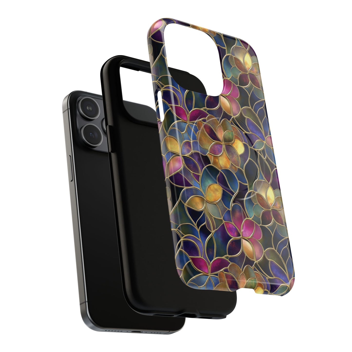 Chromatic Bloom Tough iPhone Magnetic Case, Tough iPhone Cover, Floral iPhone Accessory, Birthday Gift, Elegant Tech Decor, MagSafe Stained Glass Pattern.