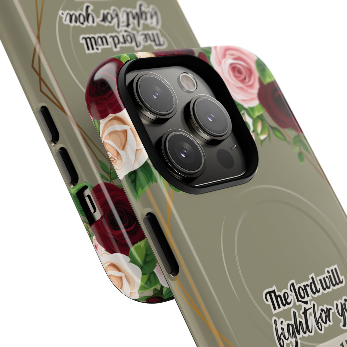 The Lord will Fight for You Exodus 14:14, Inspirational Gift, Tough iPhone Magnetic Case Scripture, Roses Bible Verse, MagSafe® iPhone® Tough Case, iPhone 14, iPhone 15, iPhone 16, Pro, Pro Max, Plus.