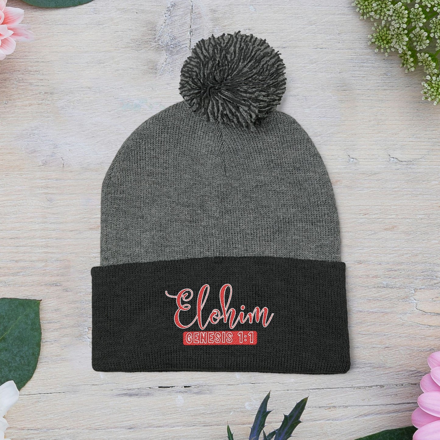 Red Pom-Pom Knit Cap with 'ELOHIM, GENESIS 1:1'  Embroidery Beanie - Stylish Winter Accessory for All Ages, Perfect Gift for Birthdays, Holidays, and Outdoor Activities