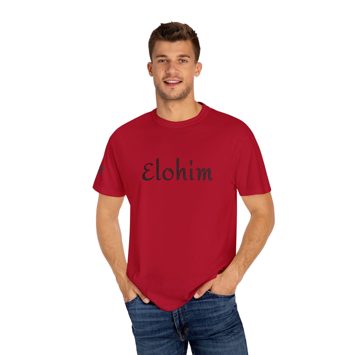 Embroidery 'ELOHIM, GENESIS 1:1' - Faith-Based Unisex Garment-Dyed Comfort Colors T-shirt, Faith Gift Tee, Religious Tee, Embroidery Tee.