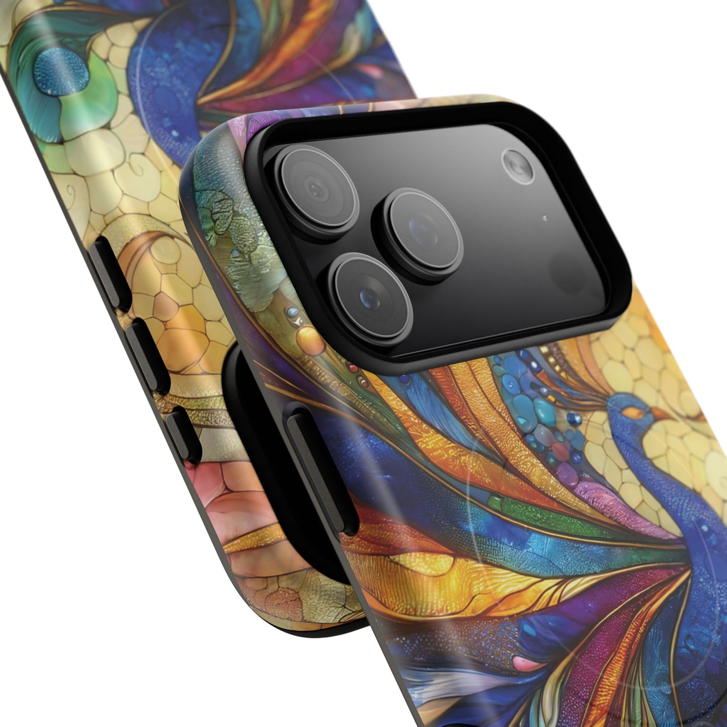 Mosaic Peacock Feathers Magnetic Phone Case, Tough Phone Shell, Vibrant Art Case, Gift for Her, Unique Phone Accessory, Wildlife Lover's Gift, Stained Glass Case.