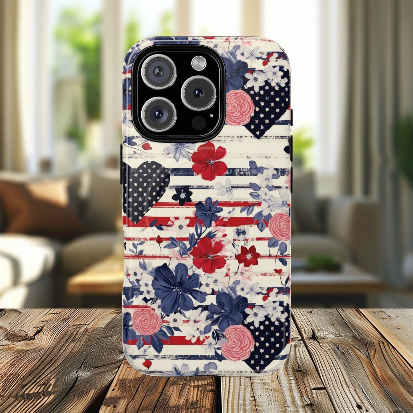 Patriotic Floral Phone Case, Tough Magnetic Cases, American Flag Design, Gift for Her, Independence Day Accessories