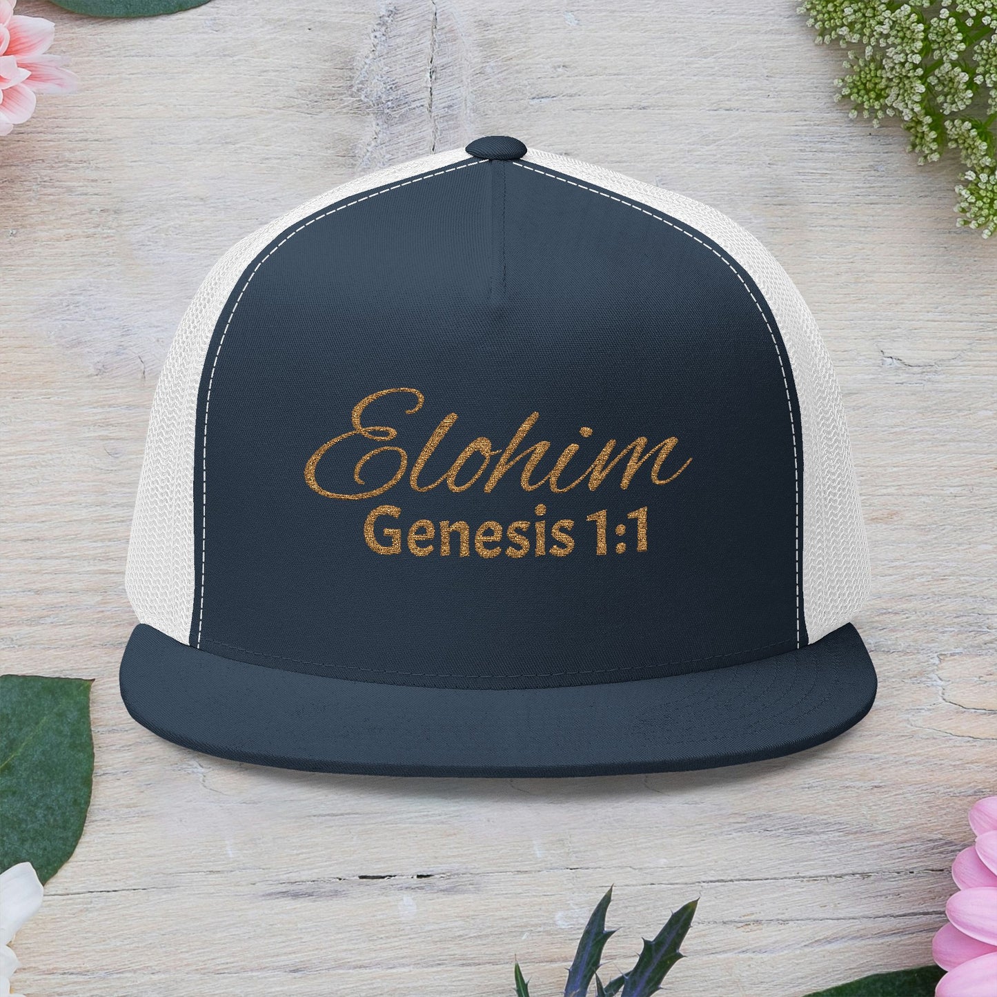 'ELOHIM, GENESIS 1:1'  Embroidered 5 Panel Trucker Cap | Casual Style Hat, Adjustable, Unisex, Perfect Gift for Outdoors, Festivals, Daily Wear