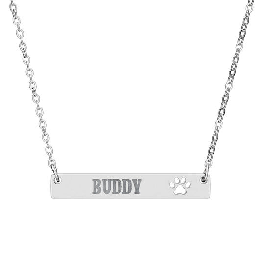 Personalized Paw Cutout Bar Necklace — Engraved Pet Name Jewelry