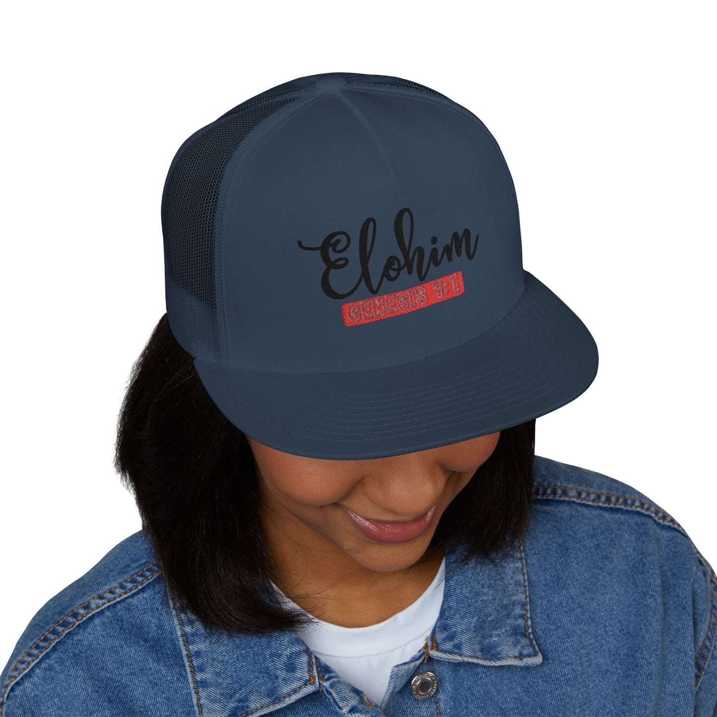 'ELOHIM, GENESIS 1:1'  Embroidered 5 Panel Trucker Cap | Casual Style Hat, Adjustable, Unisex, Perfect Gift for Outdoors, Festivals, Daily Wear
