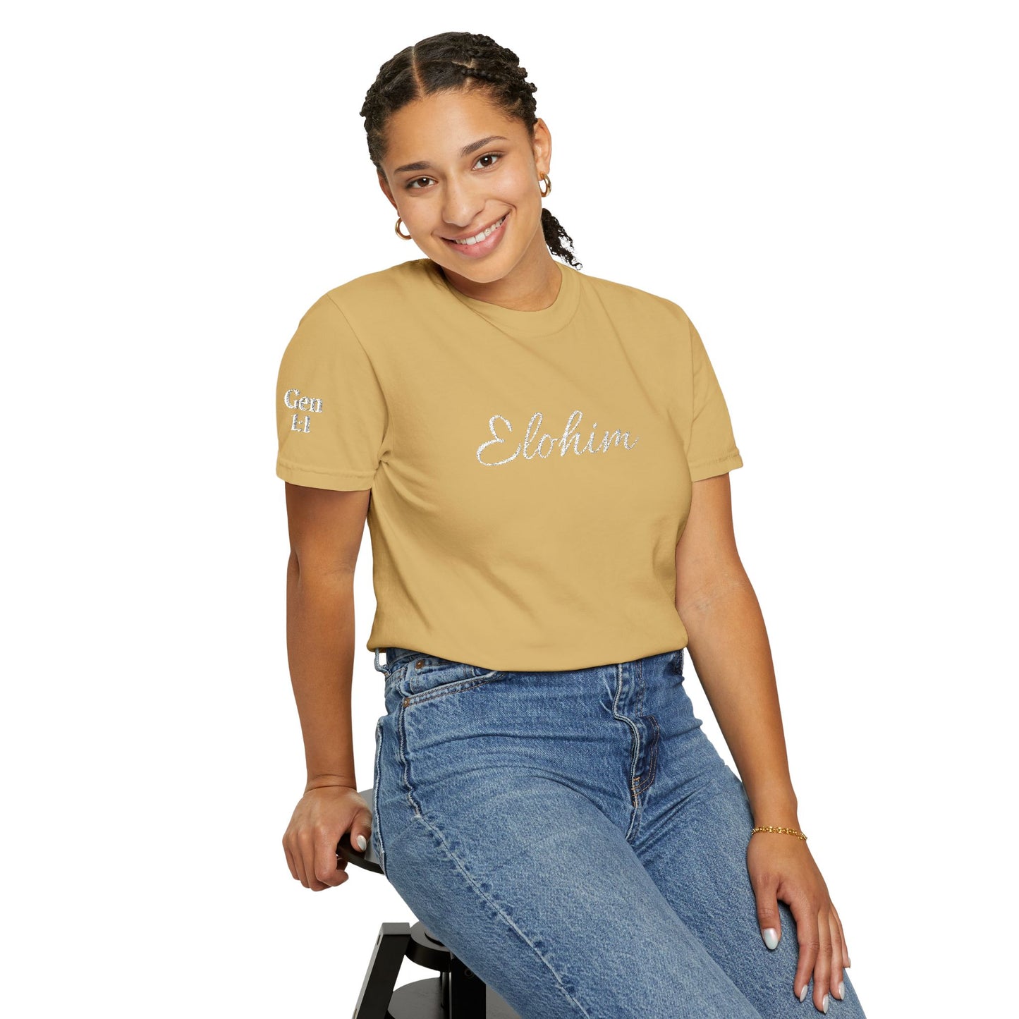 Embroidery 'ELOHIM, GENESIS 1:1' - Faith-Based Unisex Garment-Dyed Comfort Colors T-shirt, Faith Gift Tee, Religious Tee, Embroidery Tee.