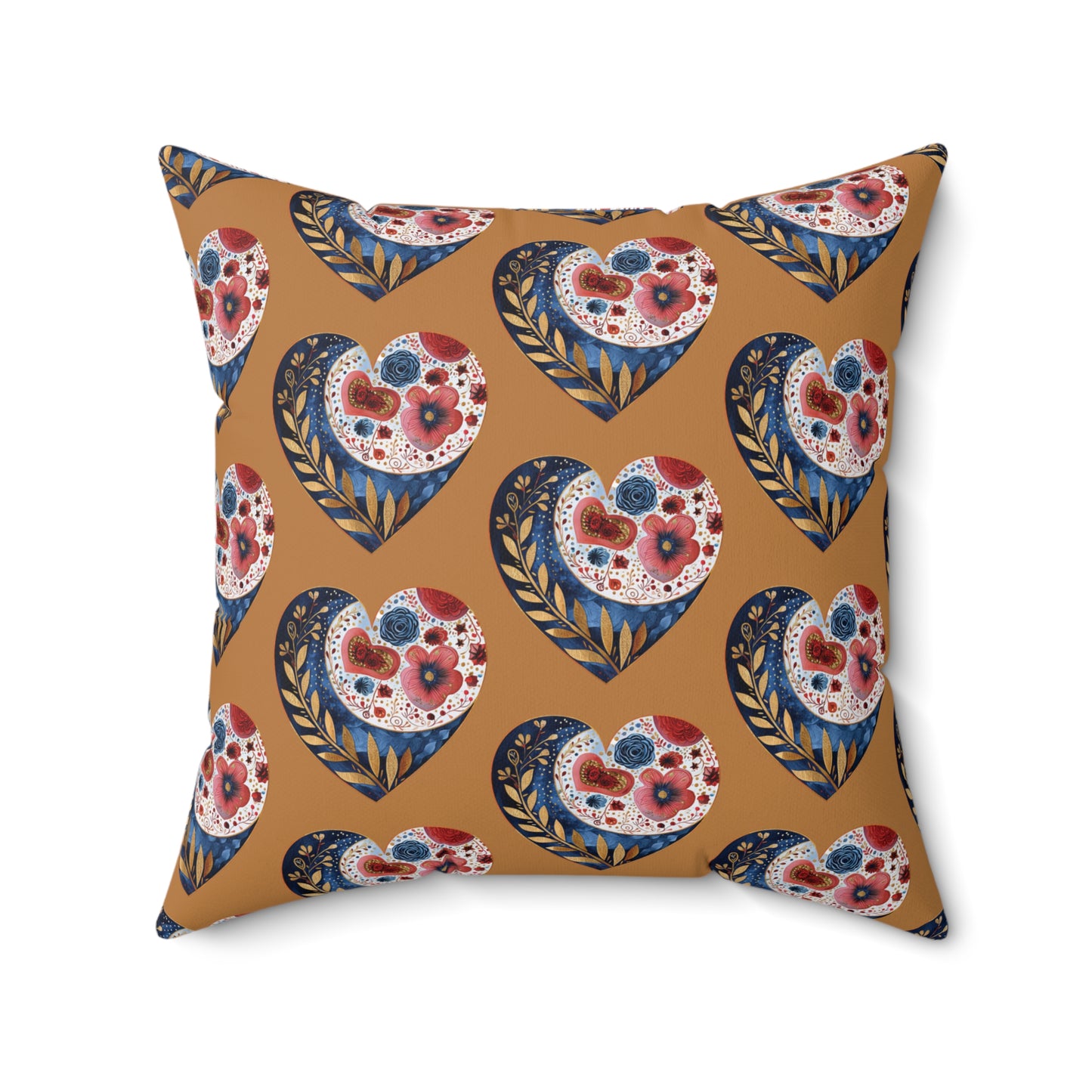 Brown Floral Heart Spun Polyester Square Pillow