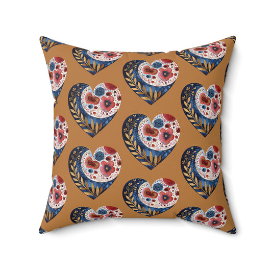 Brown Floral Heart Spun Polyester Square Pillow