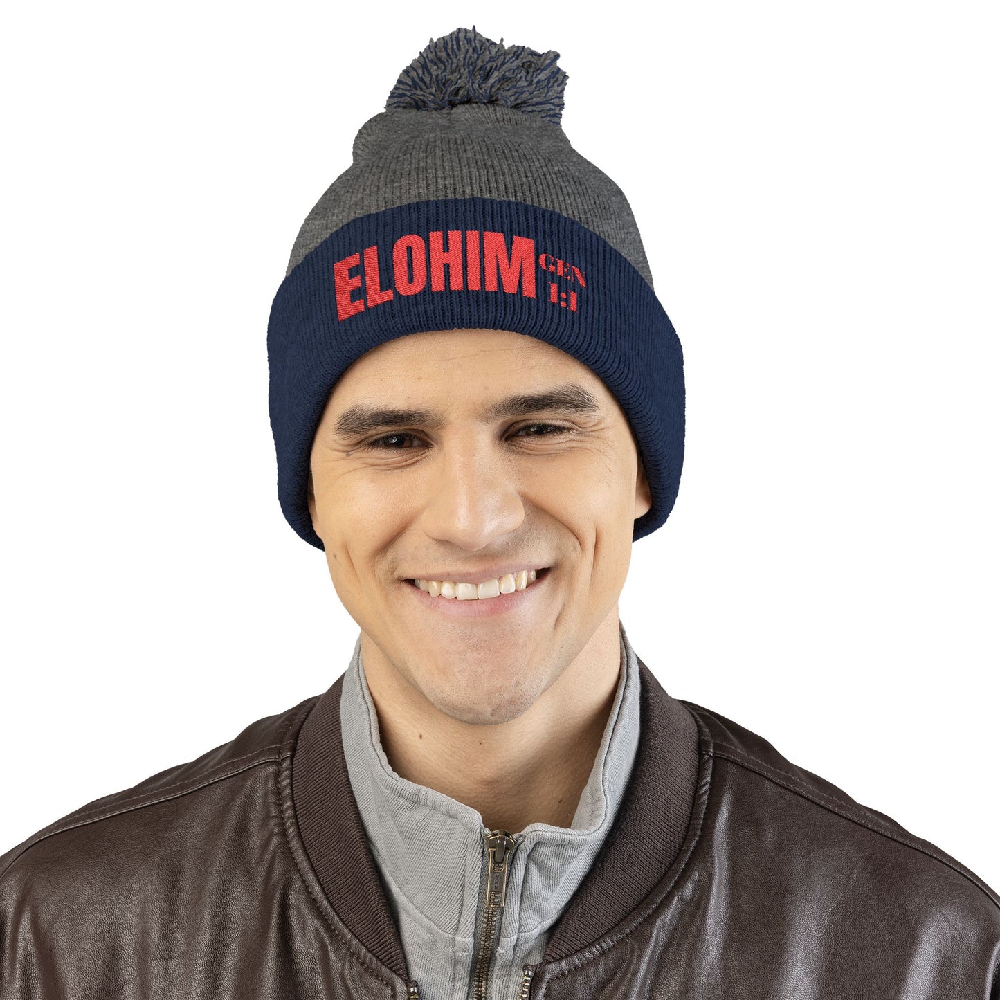 Red Pom-Pom Knit Cap with 'ELOHIM, GENESIS 1:1'  Embroidery Beanie - Stylish Winter Accessory for All Ages, Perfect Gift for Birthdays, Holidays, and Outdoor Activities