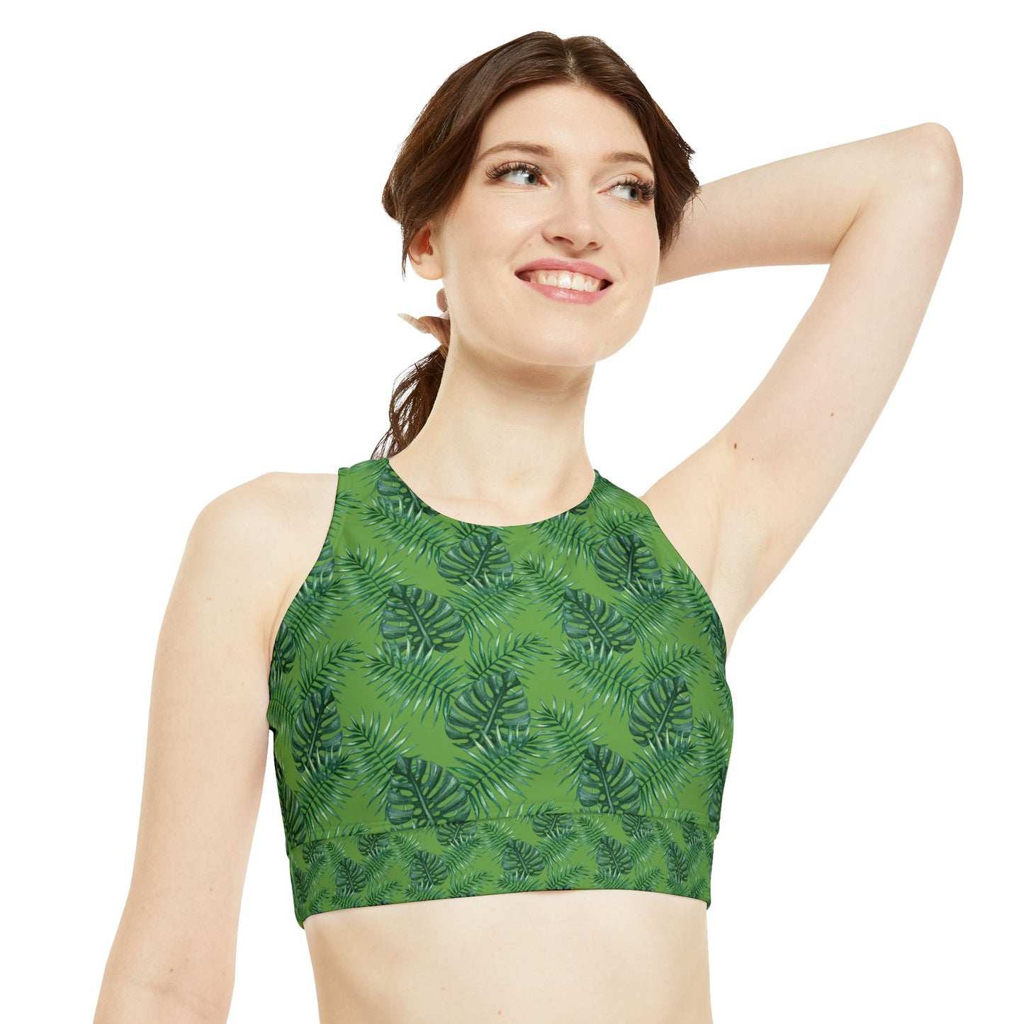 Green Tropical Bliss High Neck Crop Bikini Top (AOP)