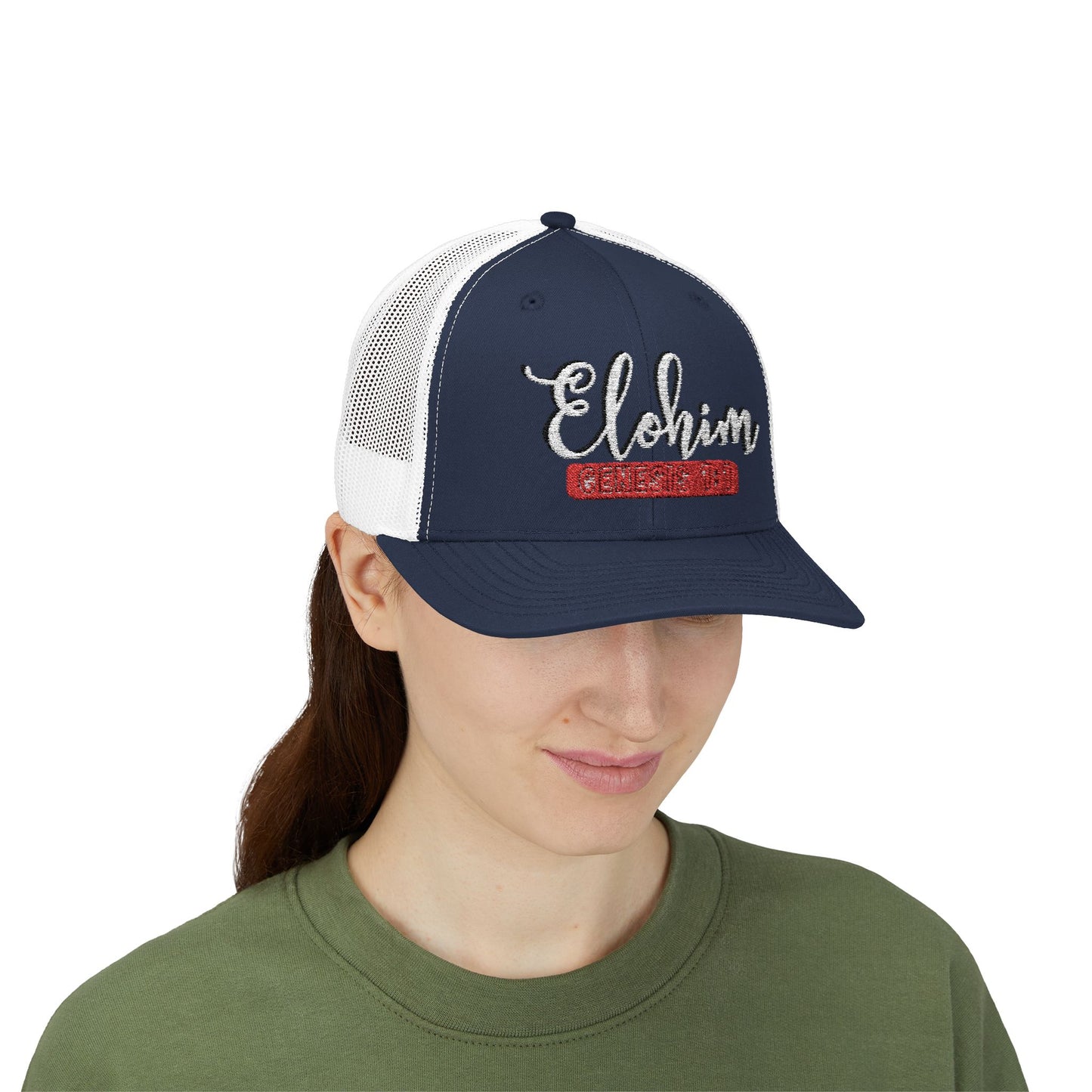 Script Embroidery ''Elohim'' Faith Snapback Trucker Cap - Religious Hat, Stylish Accessory, Gift for Believers, Casual Wear, Outdoor Events, Faith-Based, Name of GOD.