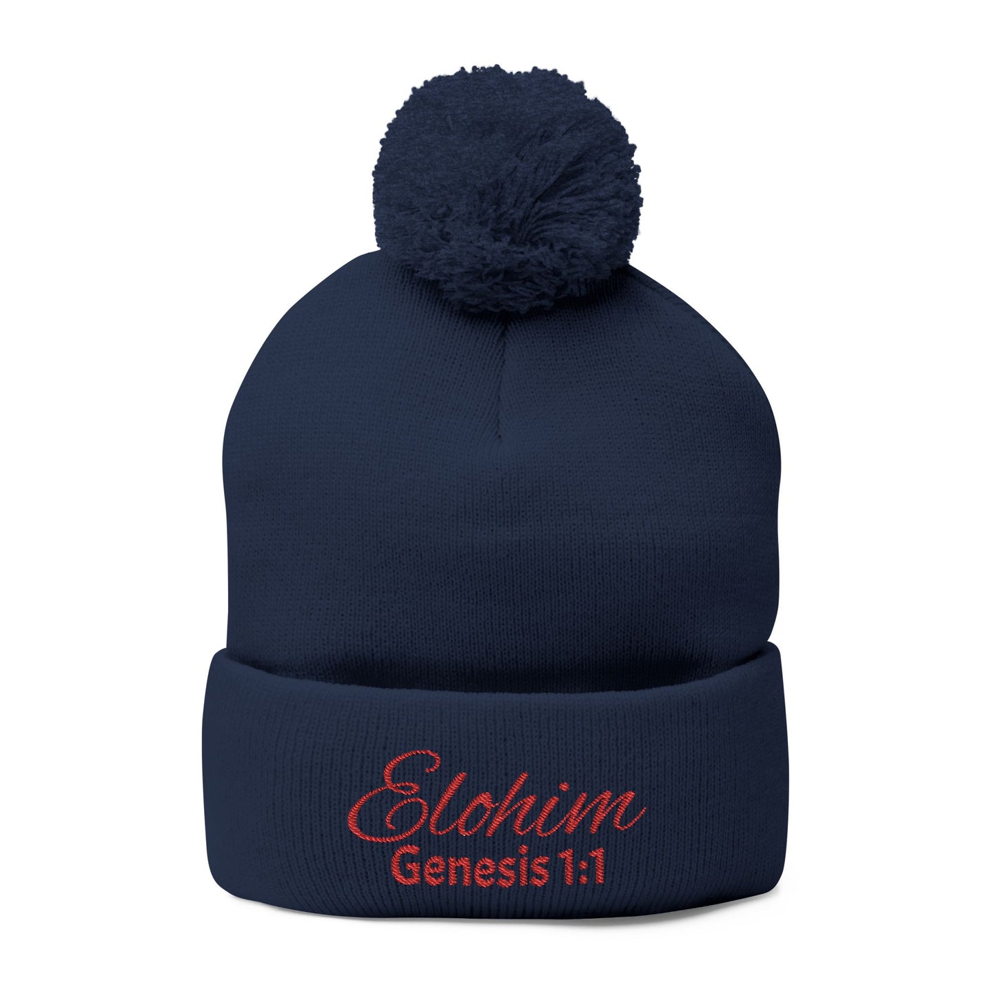 Red Pom-Pom Knit Cap with 'ELOHIM, GENESIS 1:1'  Embroidery Beanie - Stylish Winter Accessory for All Ages, Perfect Gift for Birthdays, Holidays, and Outdoor Activities