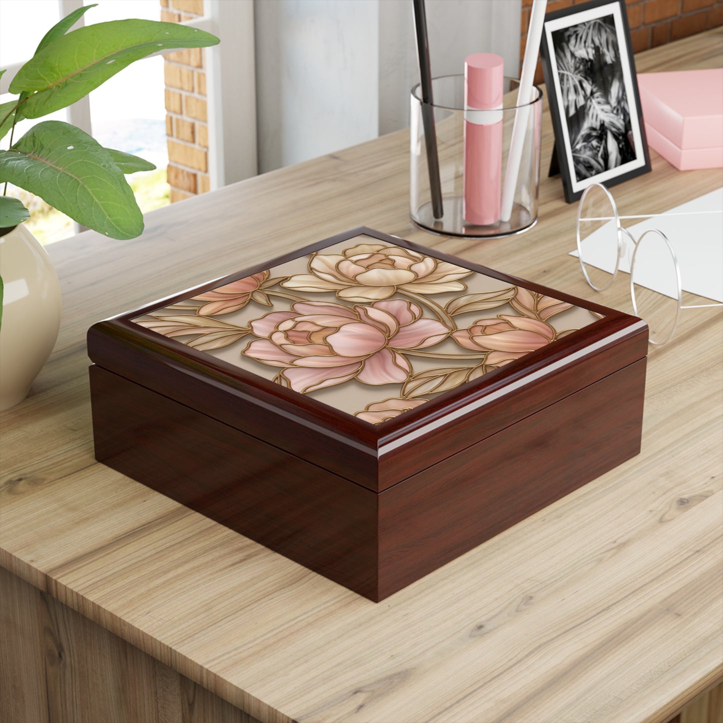 Floral Peony Jewelry Box — Pink Gold Decorative Keepsake