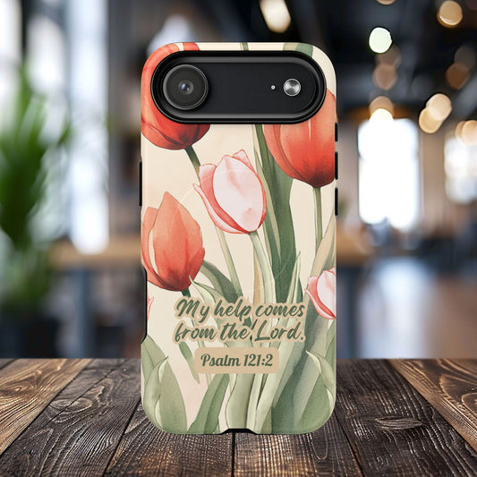 My Help comes from the Lord Psalm 121:2, Inspirational Gift, Tough iPhone Magnetic Case Scripture, Floral Bible Verse, MagSafe® iPhone® Tough Case, iPhone 14, iPhone 15, iPhone 16, Pro, Pro Max, Plus.
