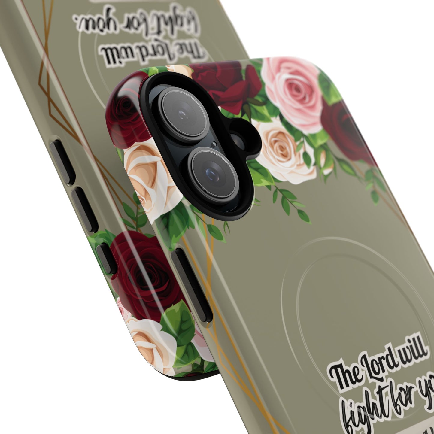 The Lord will Fight for You Exodus 14:14, Inspirational Gift, Tough iPhone Magnetic Case Scripture, Roses Bible Verse, MagSafe® iPhone® Tough Case, iPhone 14, iPhone 15, iPhone 16, Pro, Pro Max, Plus.