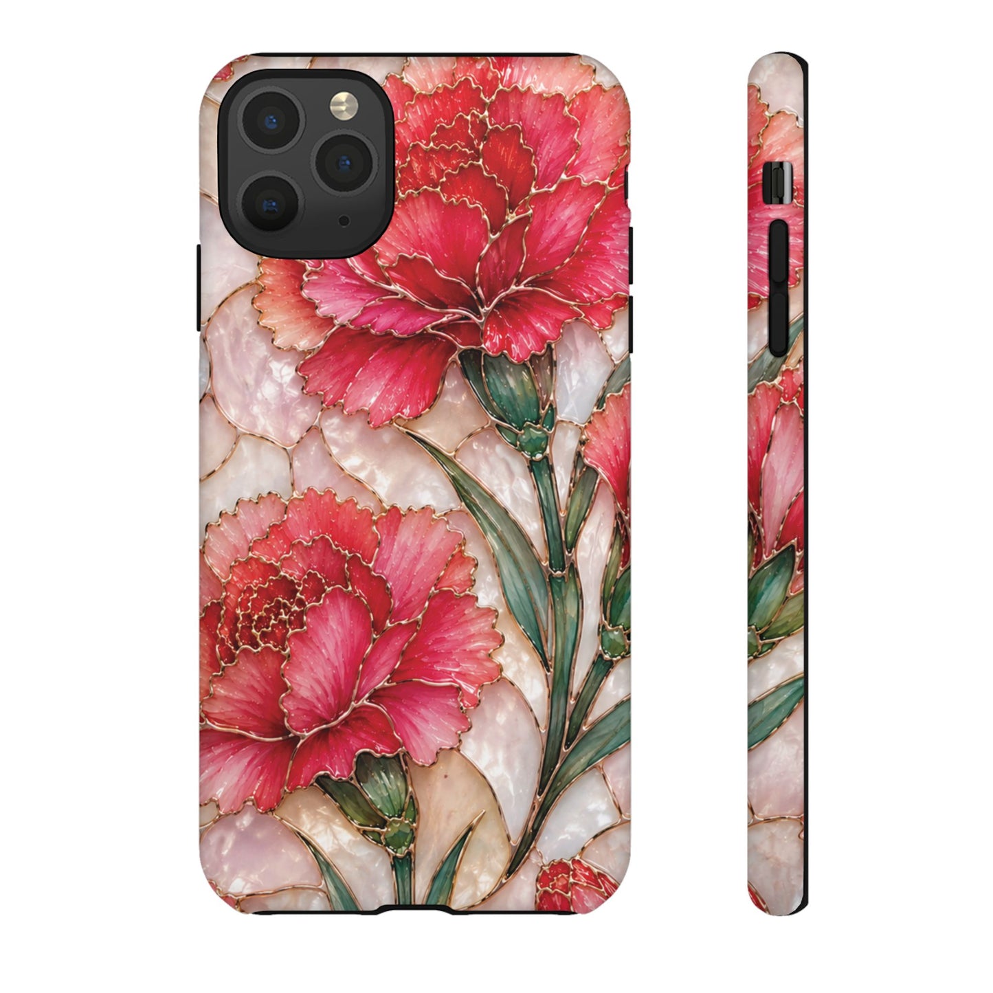 Stained Glass Effect Carnation Floral Tough Phone Case – Pink Vintage Botanical Protective Cover