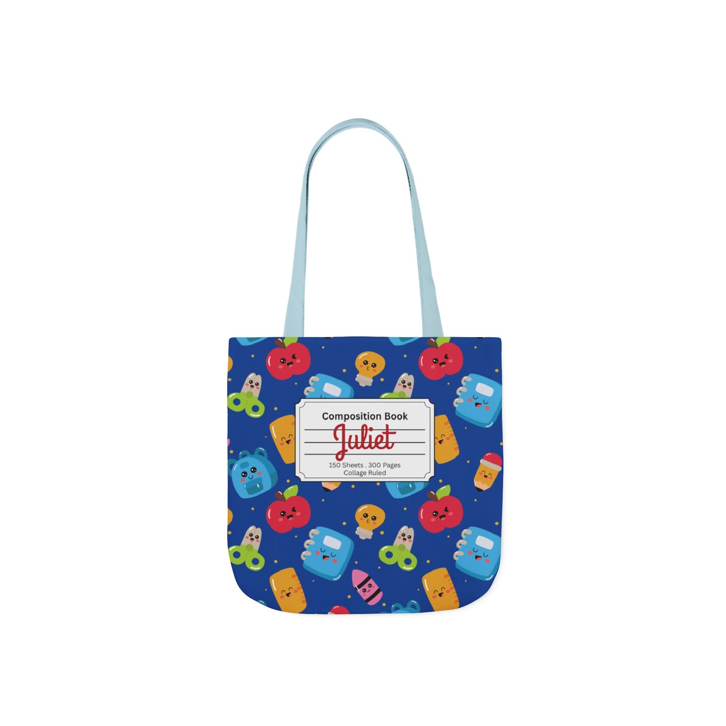 Personalized Blue Kawaii Composition Book Inspired Canvas Tote Bag with Colorful Straps, Cute School Bag, Eco-Friendly Tote, Back to School Shopping Bag, Teacher Gift Idea