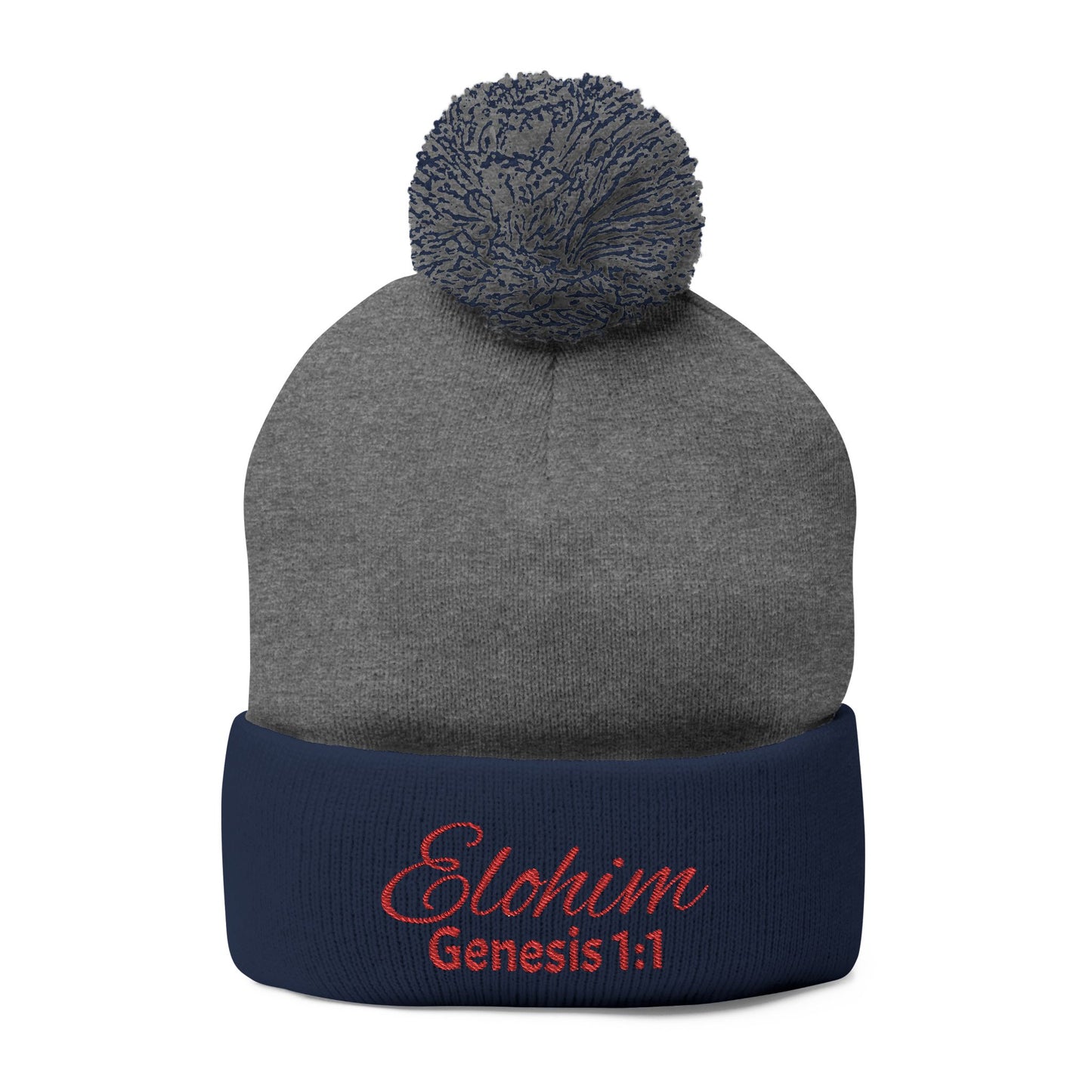 Red Pom-Pom Knit Cap with 'ELOHIM, GENESIS 1:1'  Embroidery Beanie - Stylish Winter Accessory for All Ages, Perfect Gift for Birthdays, Holidays, and Outdoor Activities