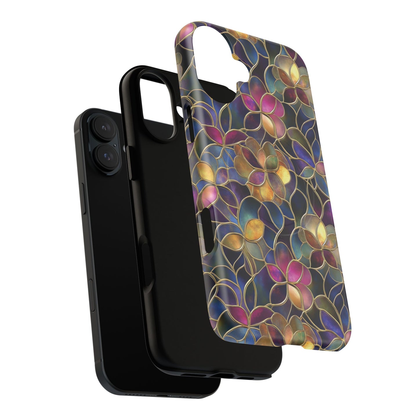 Chromatic Bloom Tough iPhone Magnetic Case, Tough iPhone Cover, Floral iPhone Accessory, Birthday Gift, Elegant Tech Decor, MagSafe Stained Glass Pattern.