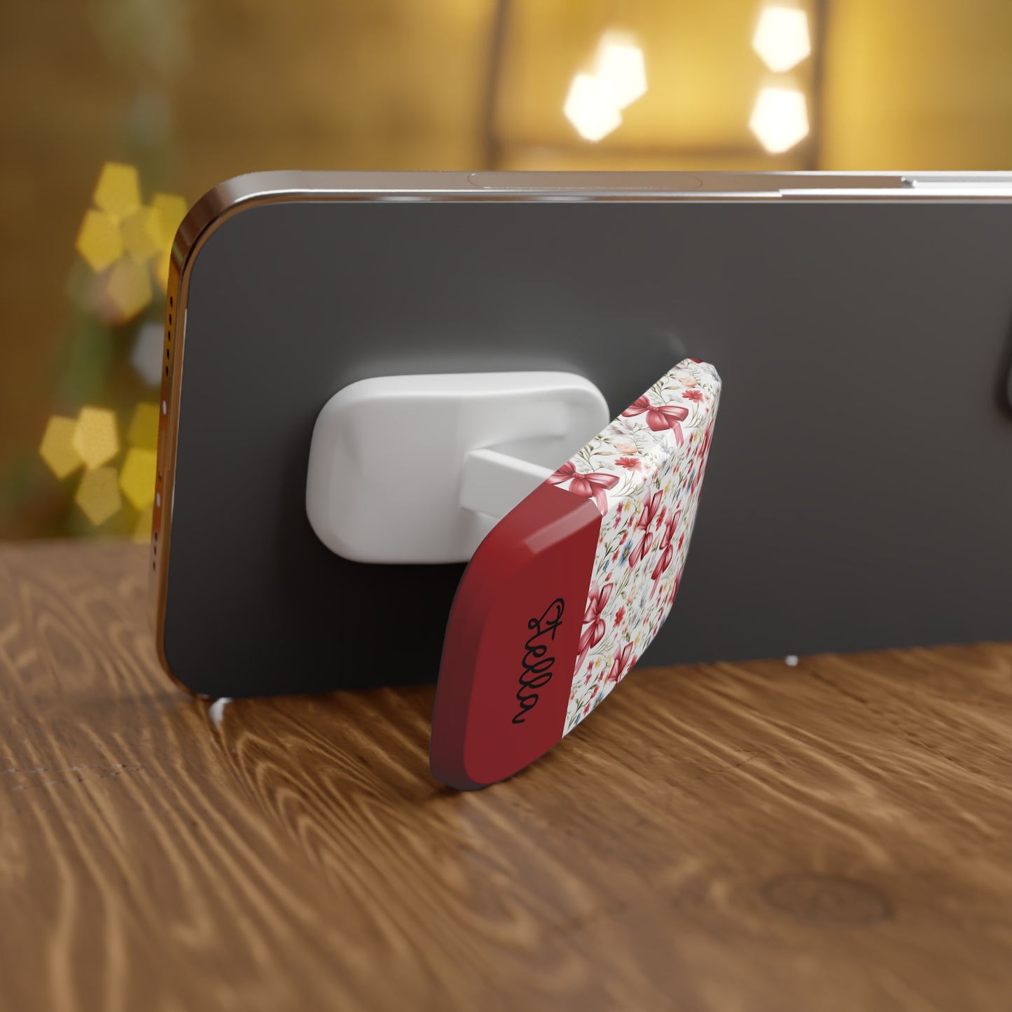 Personalized Rosette Coquette  Phone Grip — Floral Red Bows Design with Custom Name
