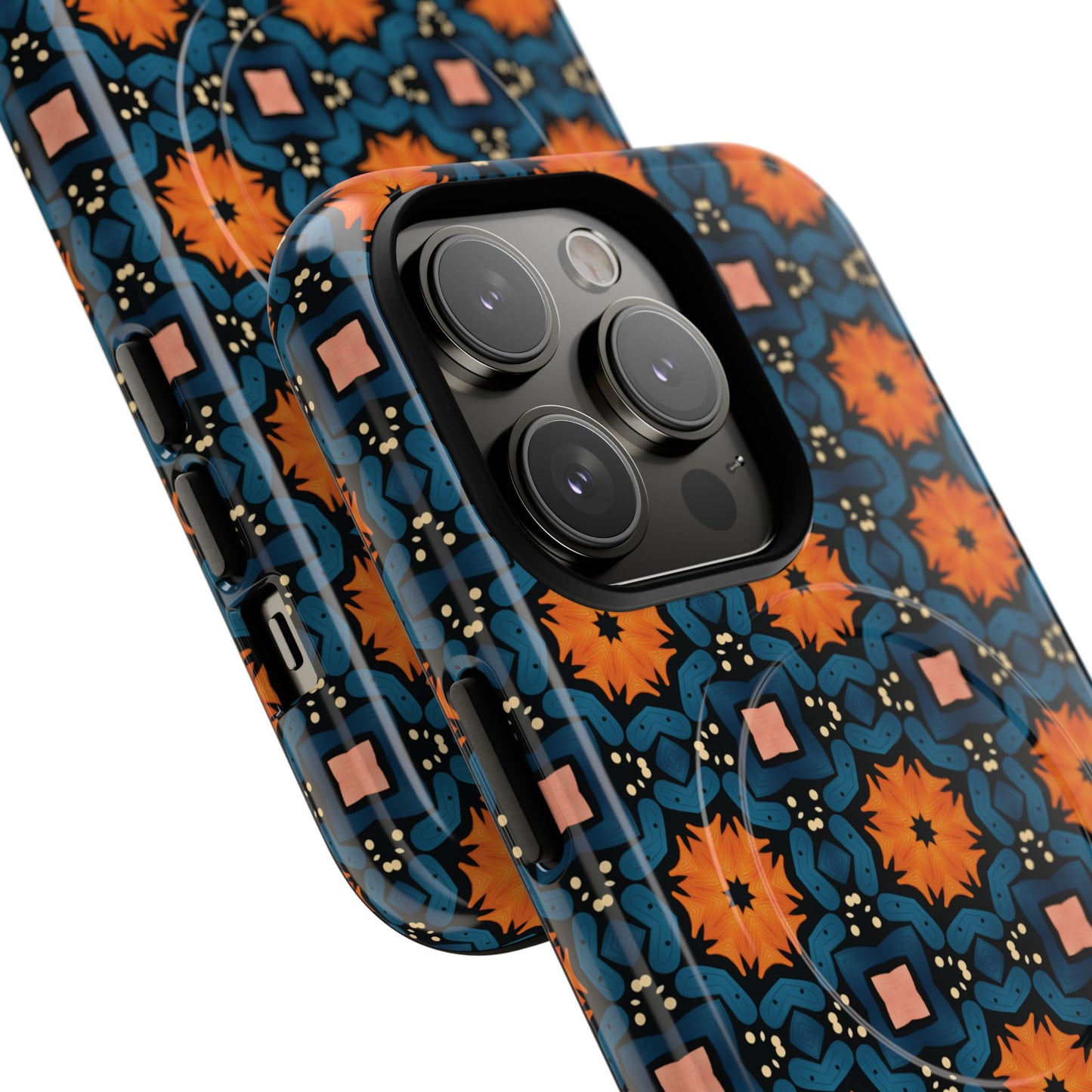 Saffron Tile Bloom Vibrant Floral Tough Magnetic iPhone Case, Durable iPhone Cover, Gift for Her, Floral Design, Unique iPhone Protection.