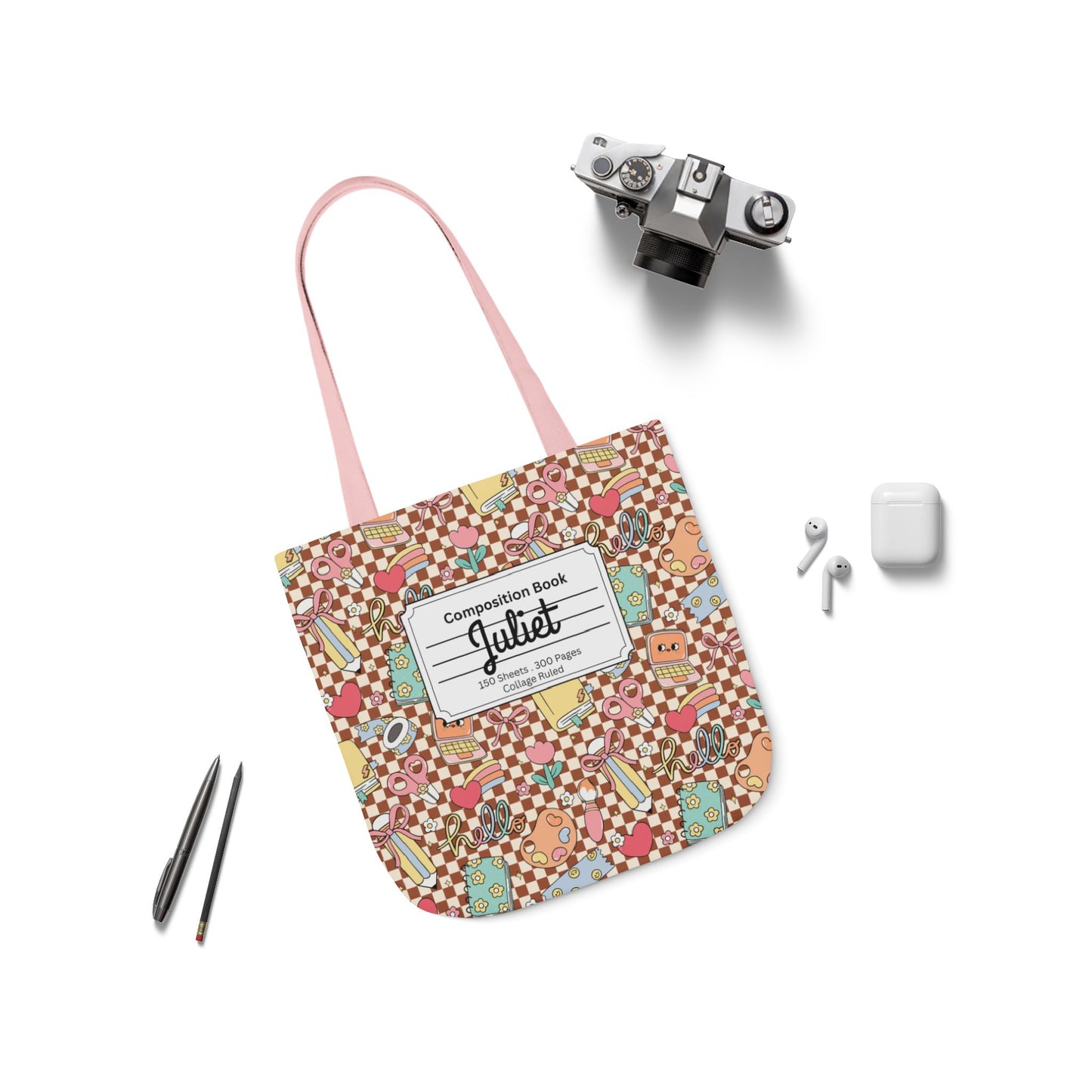 Personalized Brown Doodle Daydream Composition Book Inspired Canvas Tote Bag with Colorful Straps, Cute School Bag, Eco-Friendly Tote, Back to School Shopping Bag, Teacher Gift Idea