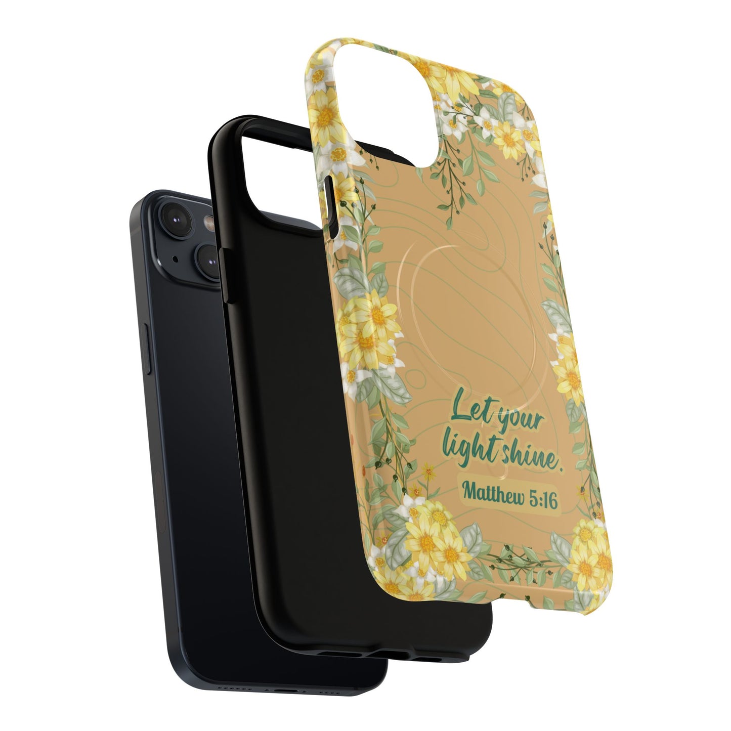 Let your Light Shine Matthew 5:16, Inspirational Gift, Tough iPhone Magnetic Case Scripture, Floral Bible Verse, MagSafe® iPhone® Tough Case, iPhone 14, iPhone 15, iPhone 16, Pro, Pro Max, Plus.