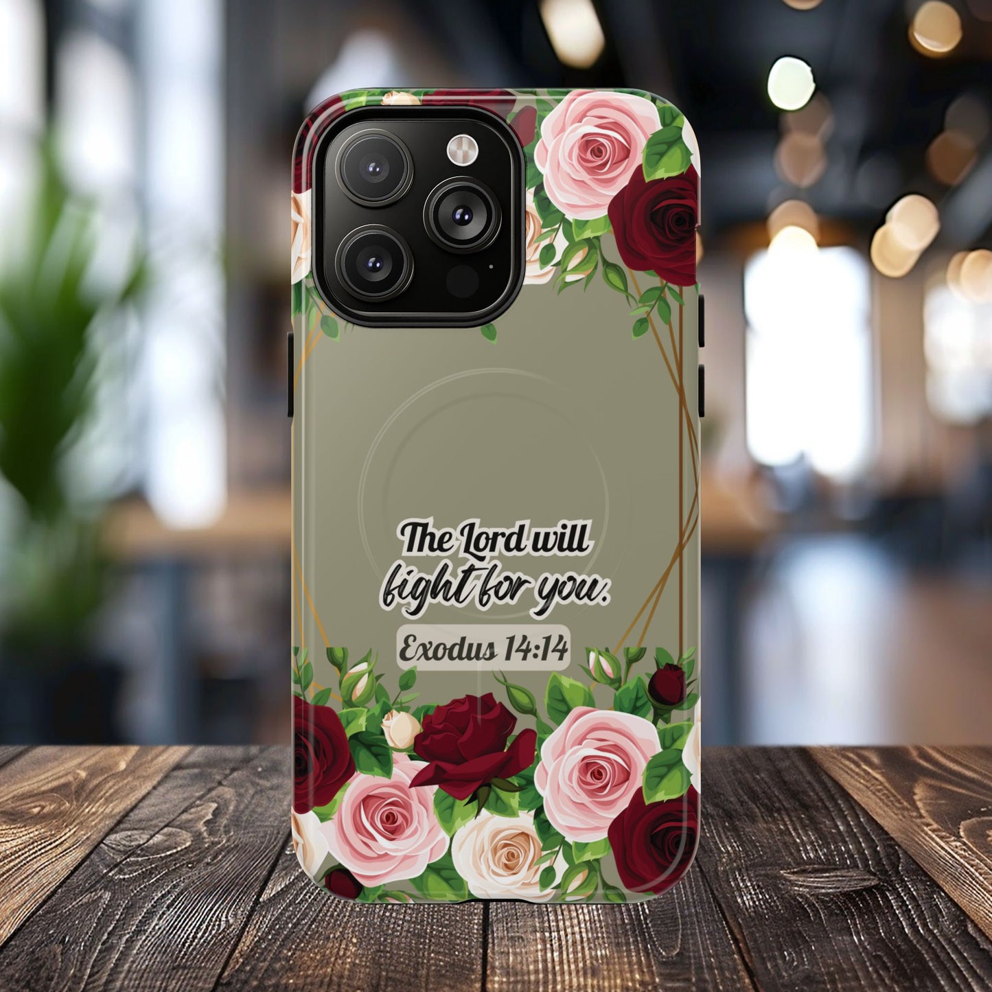 The Lord will Fight for You Exodus 14:14, Inspirational Gift, Tough iPhone Magnetic Case Scripture, Roses Bible Verse, MagSafe® iPhone® Tough Case, iPhone 14, iPhone 15, iPhone 16, Pro, Pro Max, Plus.