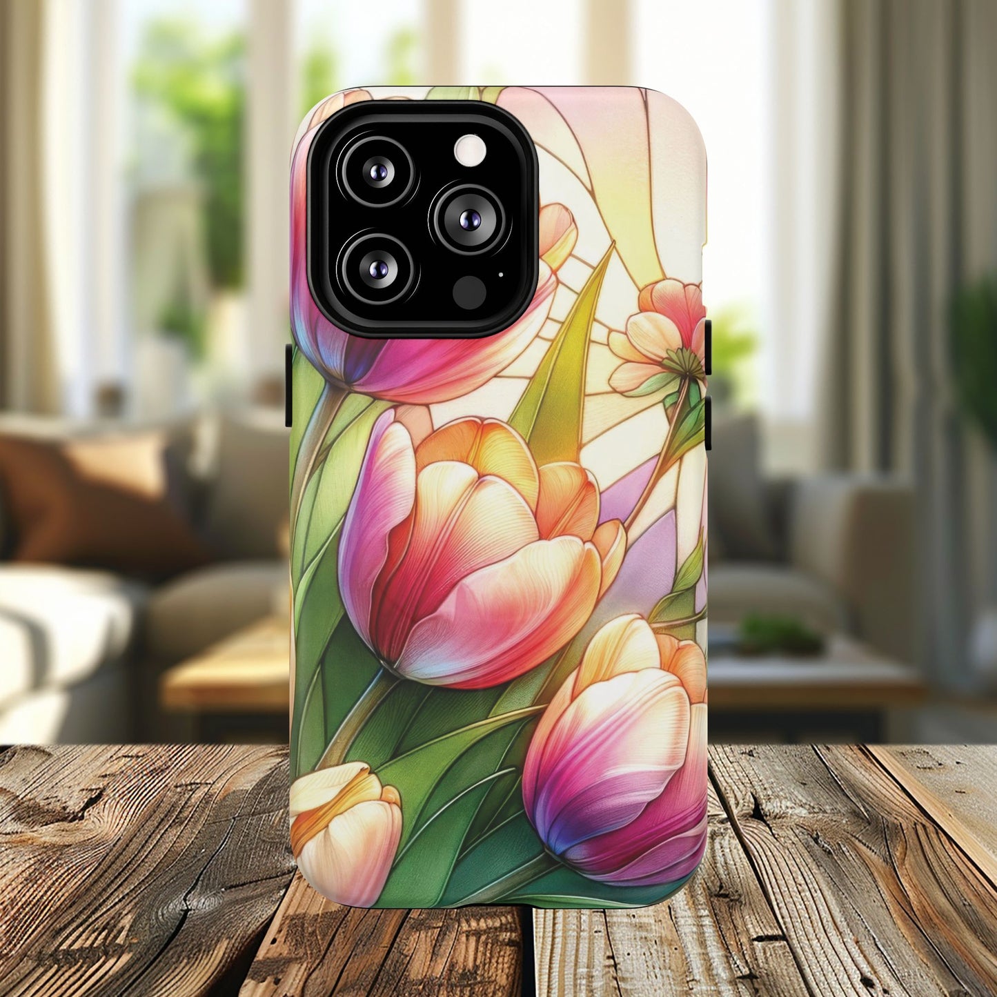 Tulip Glow Tough iPhone Magnetic Case, Floral Design, Spring Gift, Durable Protection, Smartphone Accessories, MagSafe Accessories, Stained Glass Tulip Gift