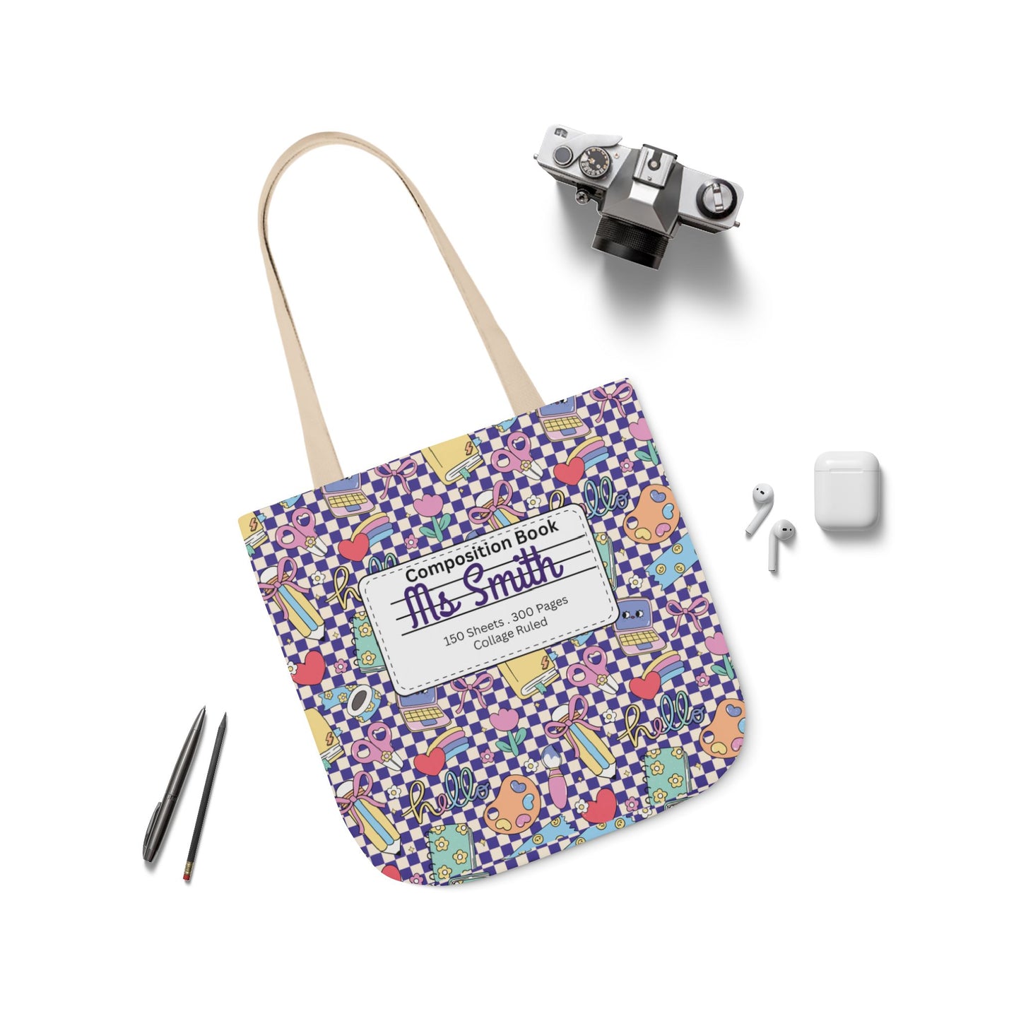 Personalized Purple Doodle Daydream Composition Book Inspired Canvas Tote Bag with Colorful Straps, Cute School Bag, Eco-Friendly Tote, Back to School Shopping Bag, Teacher Gift Idea