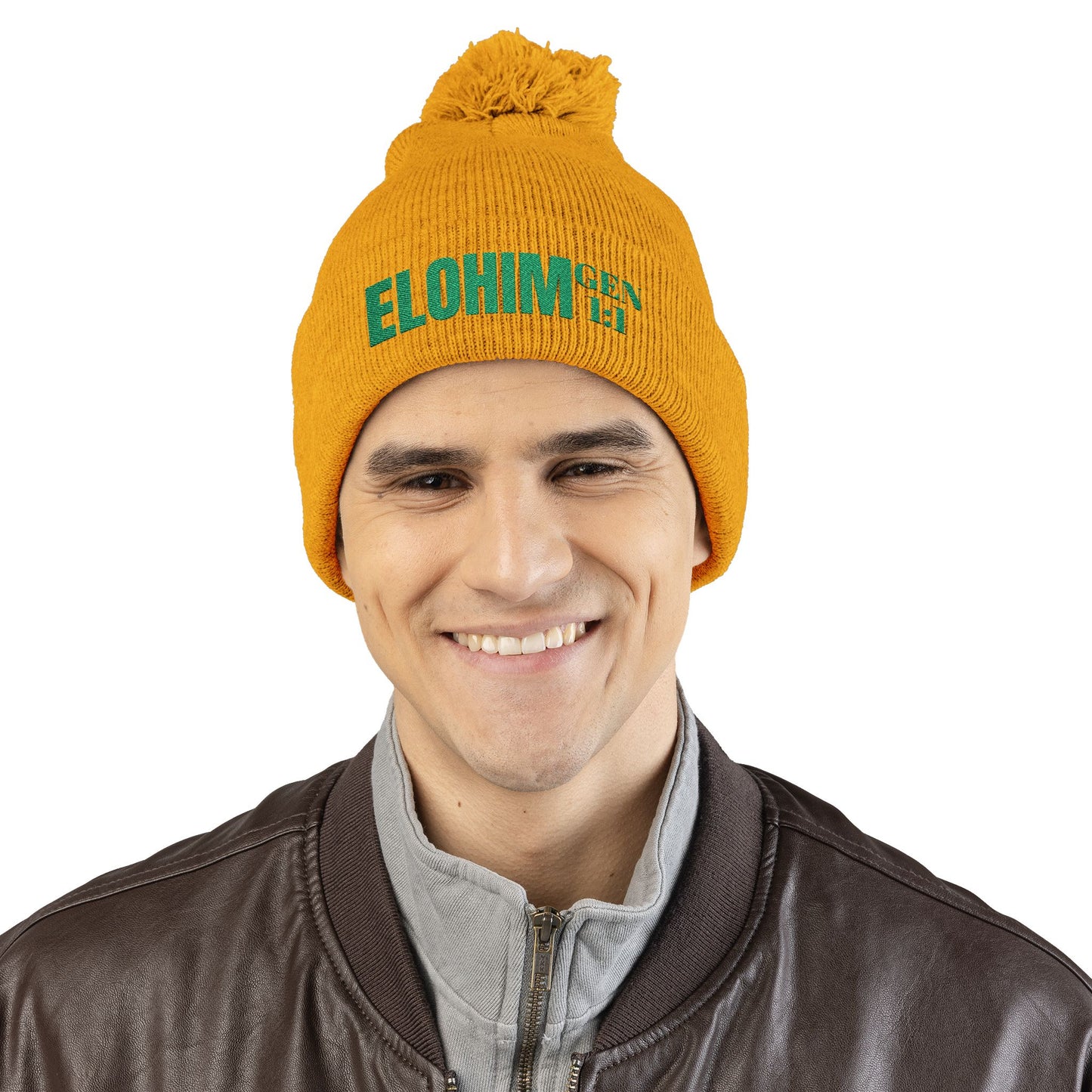 Pom-Pom Knit Cap with 'ELOHIM, GENESIS 1:1'  Embroidery Beanie - Stylish Winter Accessory for All Ages, Perfect Gift for Birthdays, Holidays, and Outdoor Activities