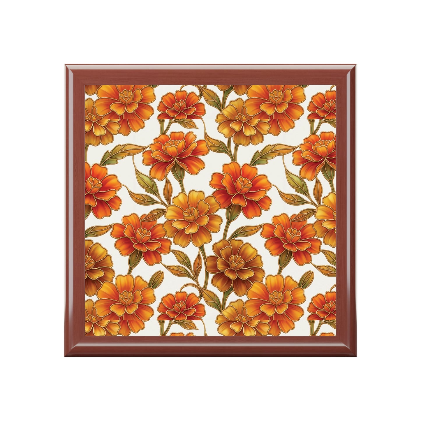 Stained Glass Marigold Floral Jewelry Box —  Keepsake Box