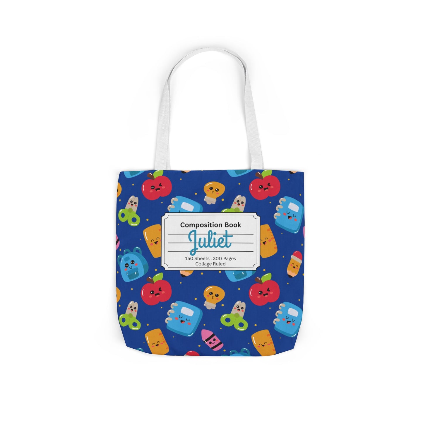 Personalized Blue Kawaii Composition Book Inspired Canvas Tote Bag with Colorful Straps, Cute School Bag, Eco-Friendly Tote, Back to School Shopping Bag, Teacher Gift Idea