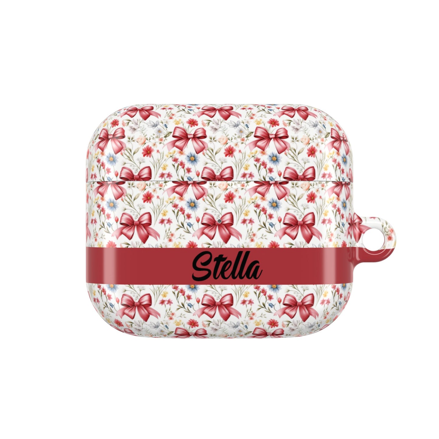 Personalized Rosette Coquette Floral AirPods Pro Gen 1, 2 and Airpods Gen 1, 2, 3, 4 Case — Red Bow Pattern with Custom Name Text.