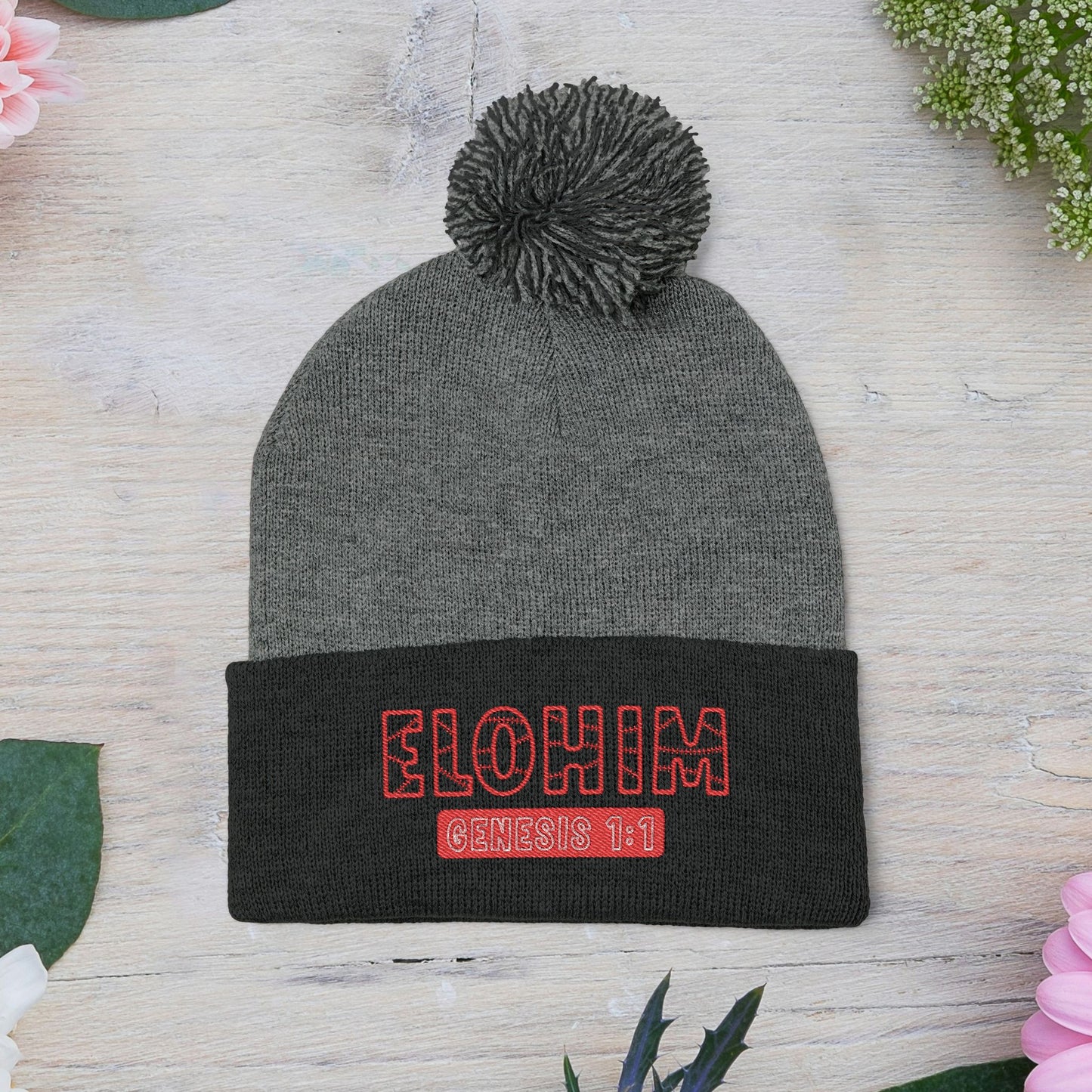 Red Pom-Pom Knit Cap with 'ELOHIM, GENESIS 1:1'  Embroidery Beanie - Stylish Winter Accessory for All Ages, Perfect Gift for Birthdays, Holidays, and Outdoor Activities