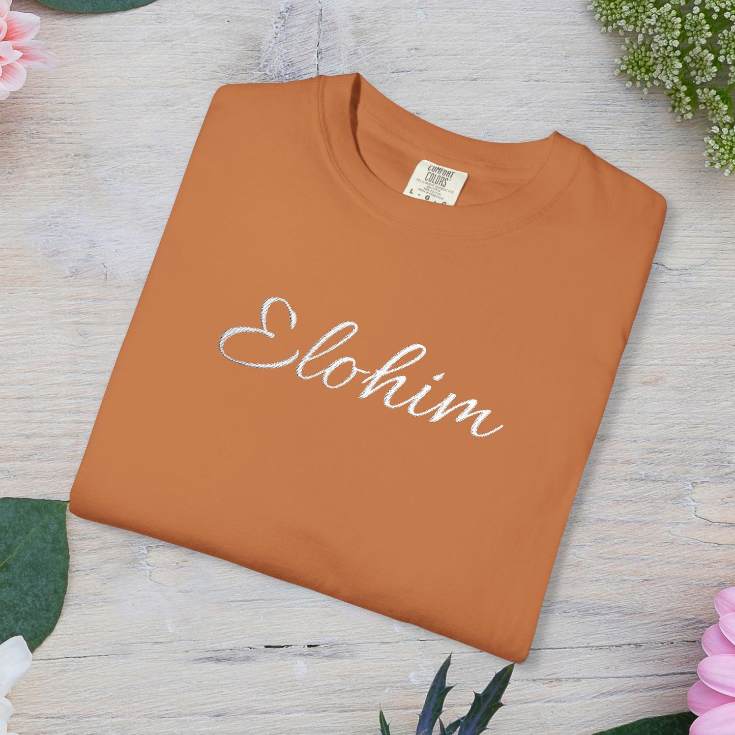 Embroidery 'ELOHIM, GENESIS 1:1' - Faith-Based Unisex Garment-Dyed Comfort Colors T-shirt, Faith Gift Tee, Religious Tee, Embroidery Tee.
