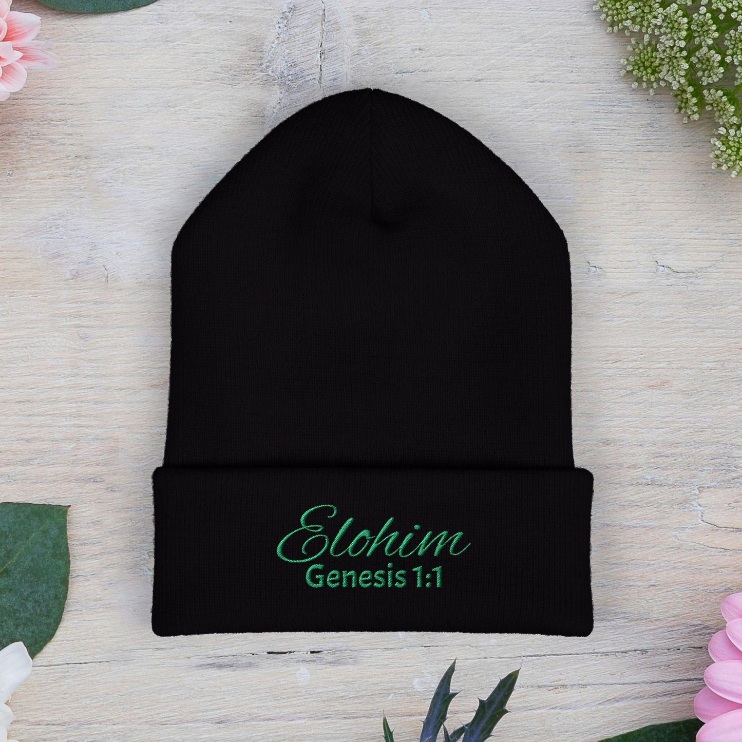 Green Embroidered 'ELOHIM, GENESIS 1:1' Classic Cuffed Beanie - Cozy Winter Hat, Streetwear Accessory, Personalized Gifts, Religious Apparel, Unisex Beanie