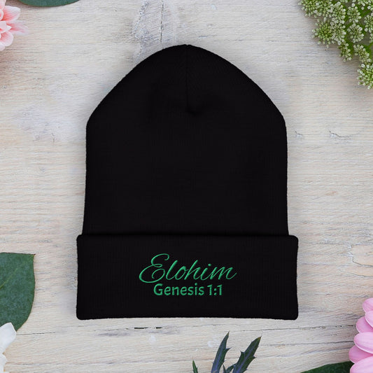 Green Embroidered 'ELOHIM, GENESIS 1:1' Classic Cuffed Beanie - Cozy Winter Hat, Streetwear Accessory, Personalized Gifts, Religious Apparel, Unisex Beanie
