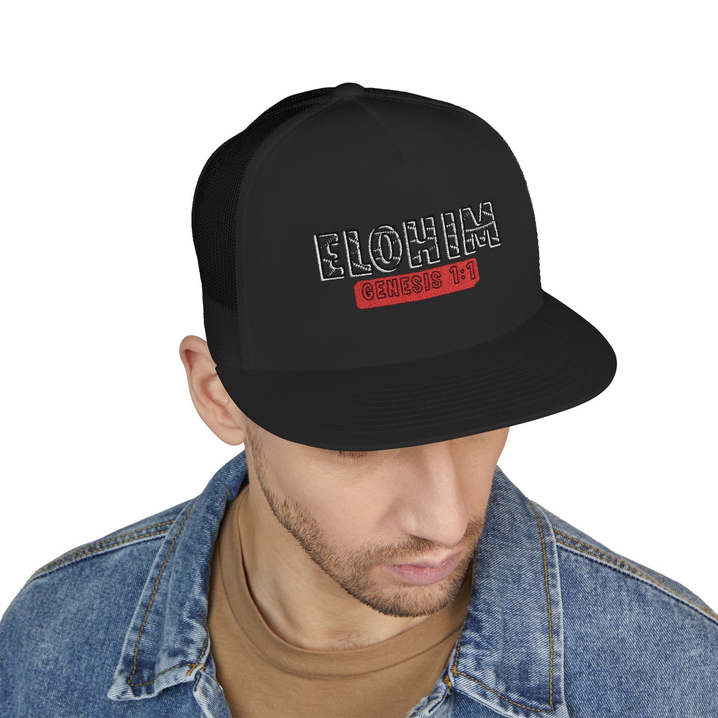 'ELOHIM, GENESIS 1:1'  Embroidered 5 Panel Trucker Cap | Casual Style Hat, Adjustable, Unisex, Perfect Gift for Outdoors, Festivals, Daily Wear