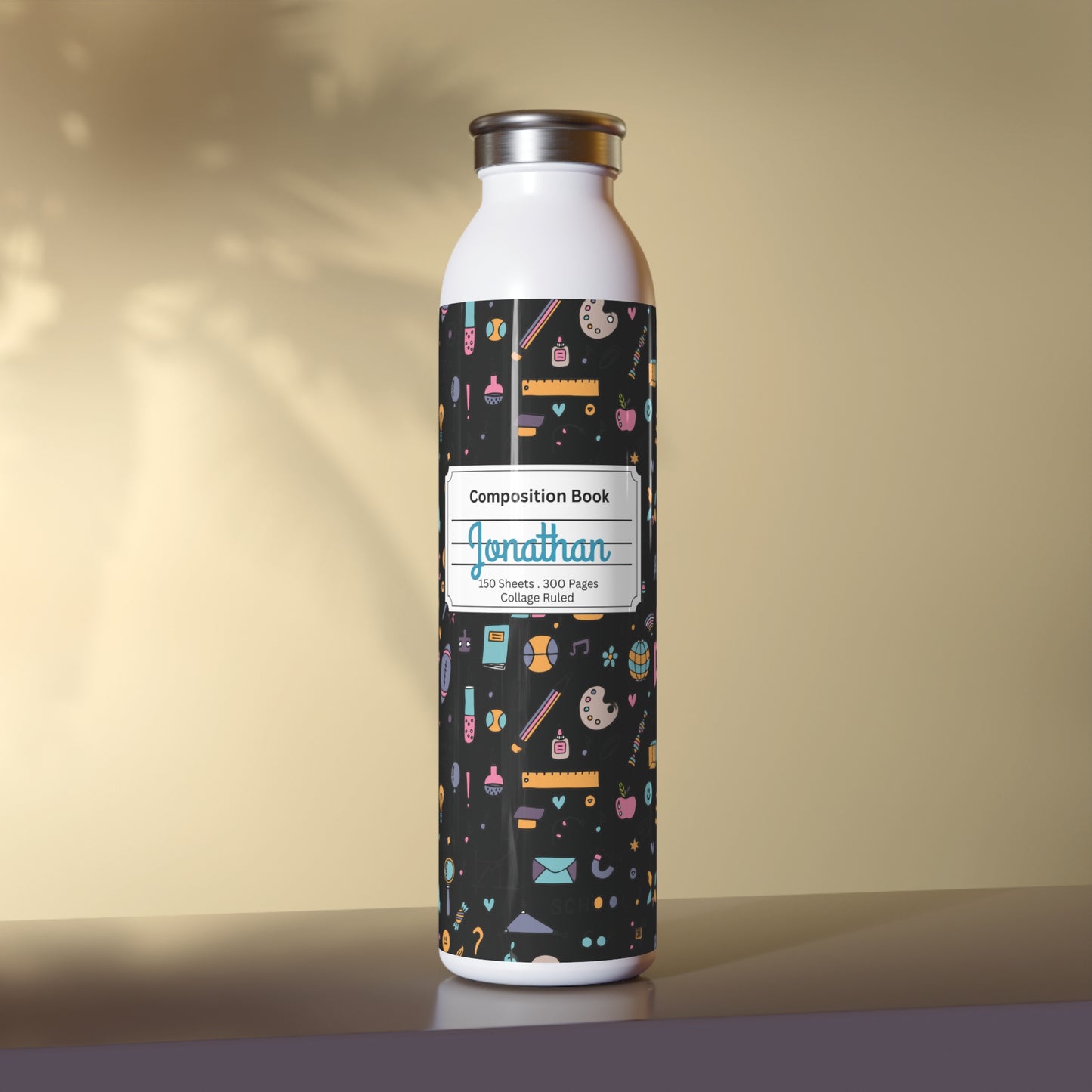 Personalized Chalkboard Chic Composition Book Inspired Slim Water Bottle, Customizable Drinkware, Eco-Friendly Hydration Bottle, Perfect for Gifts, School Supplies, Back to School