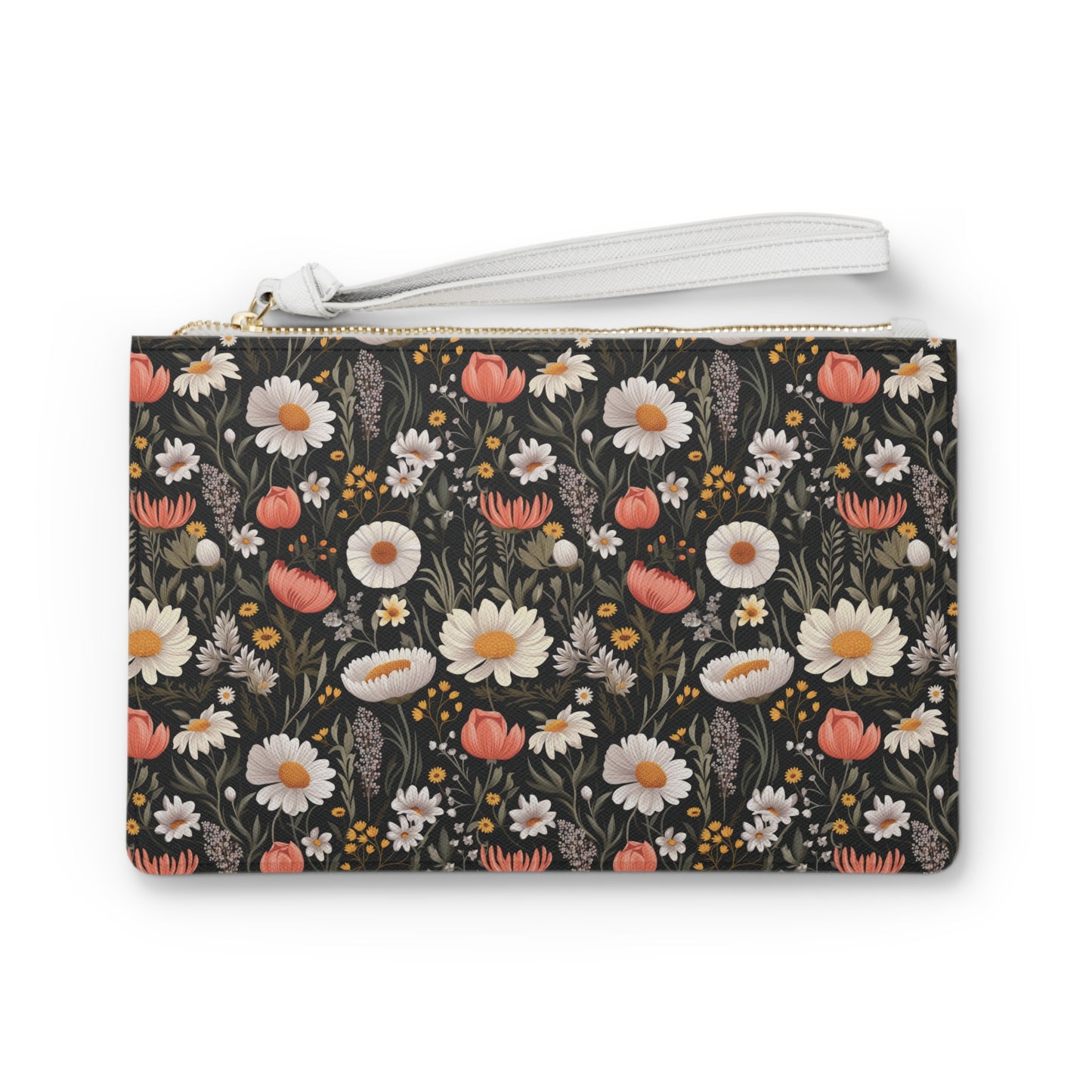 Blossom Elegance: Noir Garden Clutch Bag - Vegan Leather Saffiano Pattern Fashionista On-the-Go Zip Fastening Wrist Strap.