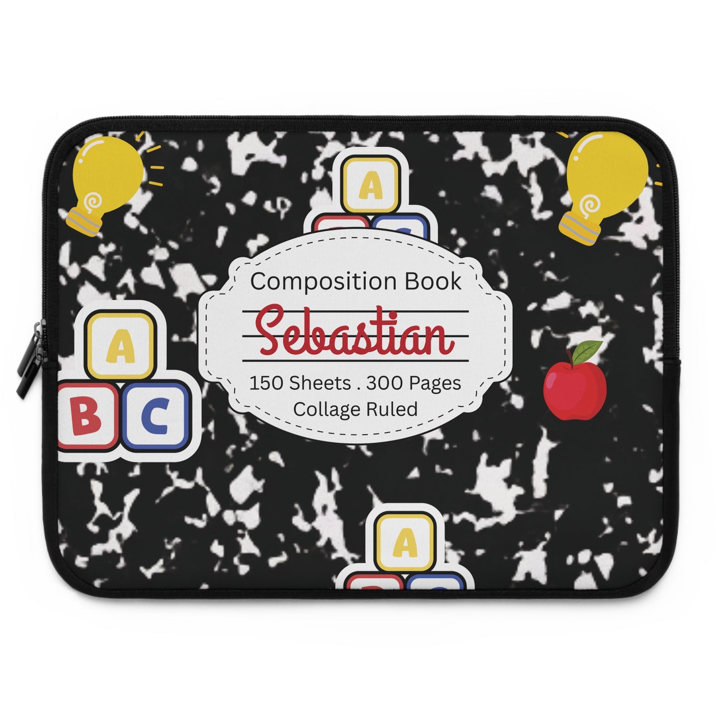 Personalized Laptop Sleeve with Black Composition Book Inspired Design, Customizable Tech Case, School Supplies, Gift for Students, College Essentials, Back to School