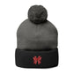 Cozy Pom-Pom Coquette Knit Cap with Embroidered Red Bow