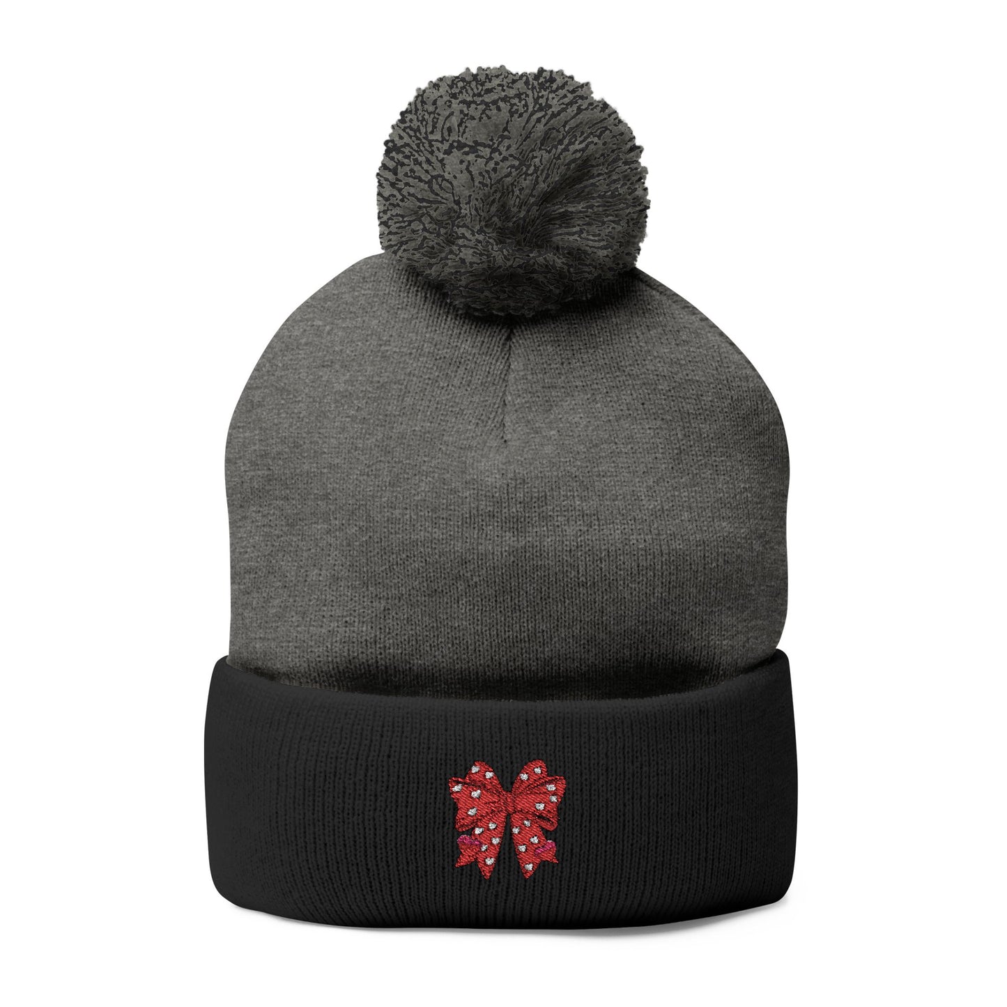Cozy Pom-Pom Coquette Knit Cap with Embroidered Red Bow