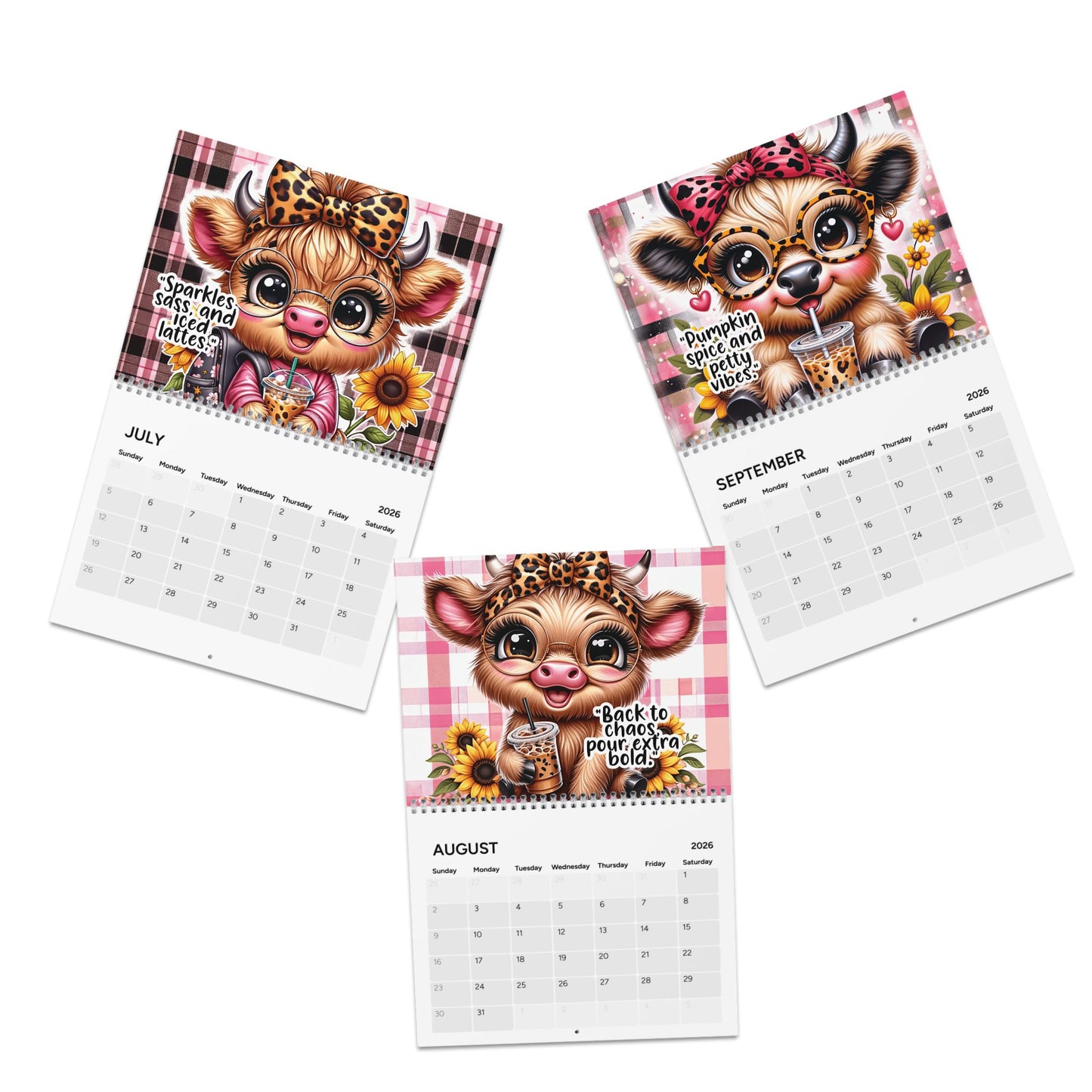 2026 Cute Sassy Highland Cow Wall Calendar – "New Year, Same Caffeinated Queen"