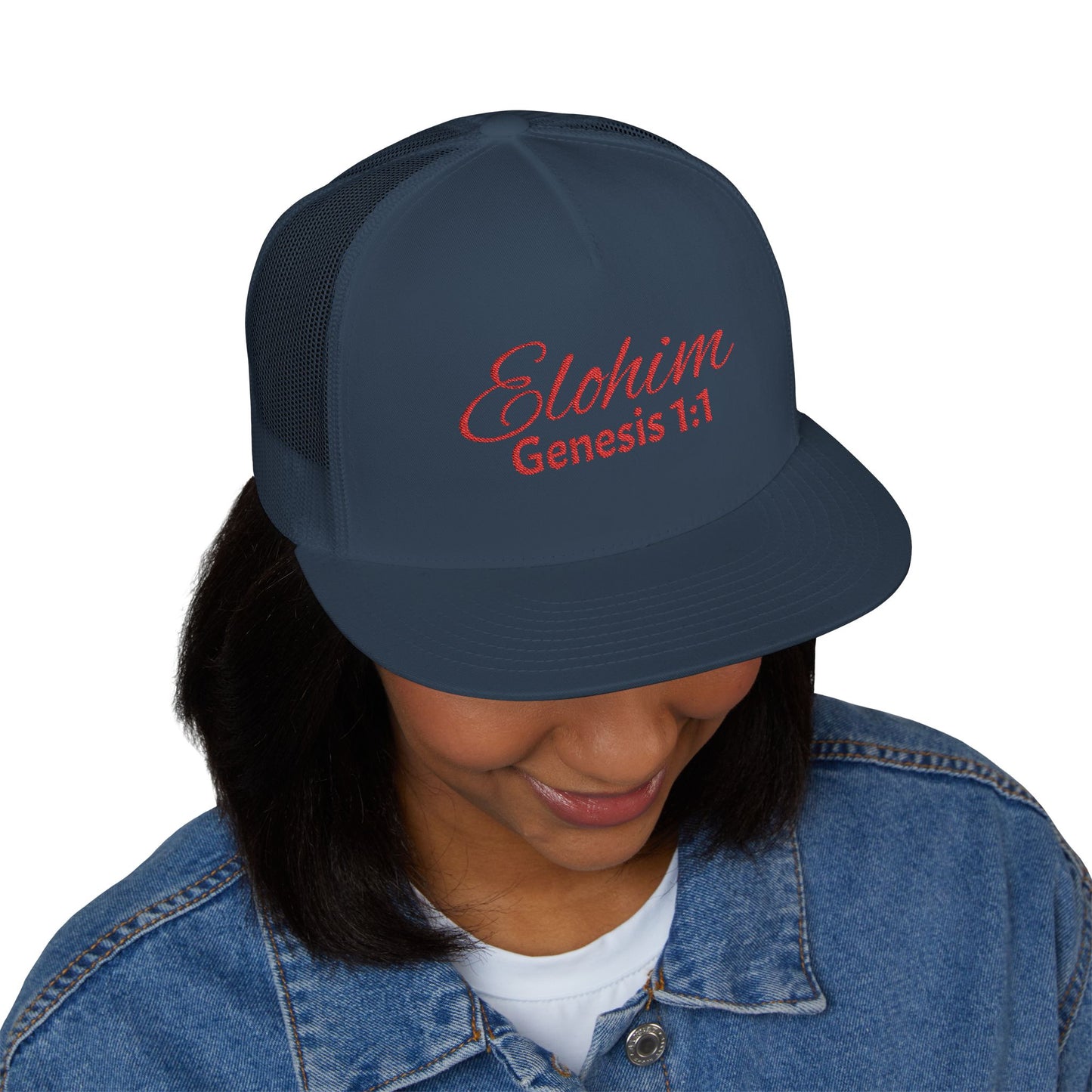 Red 'ELOHIM, GENESIS 1:1'  Embroidered 5 Panel Trucker Cap | Casual Style Hat, Adjustable, Unisex, Perfect Gift for Outdoors, Festivals, Daily Wear