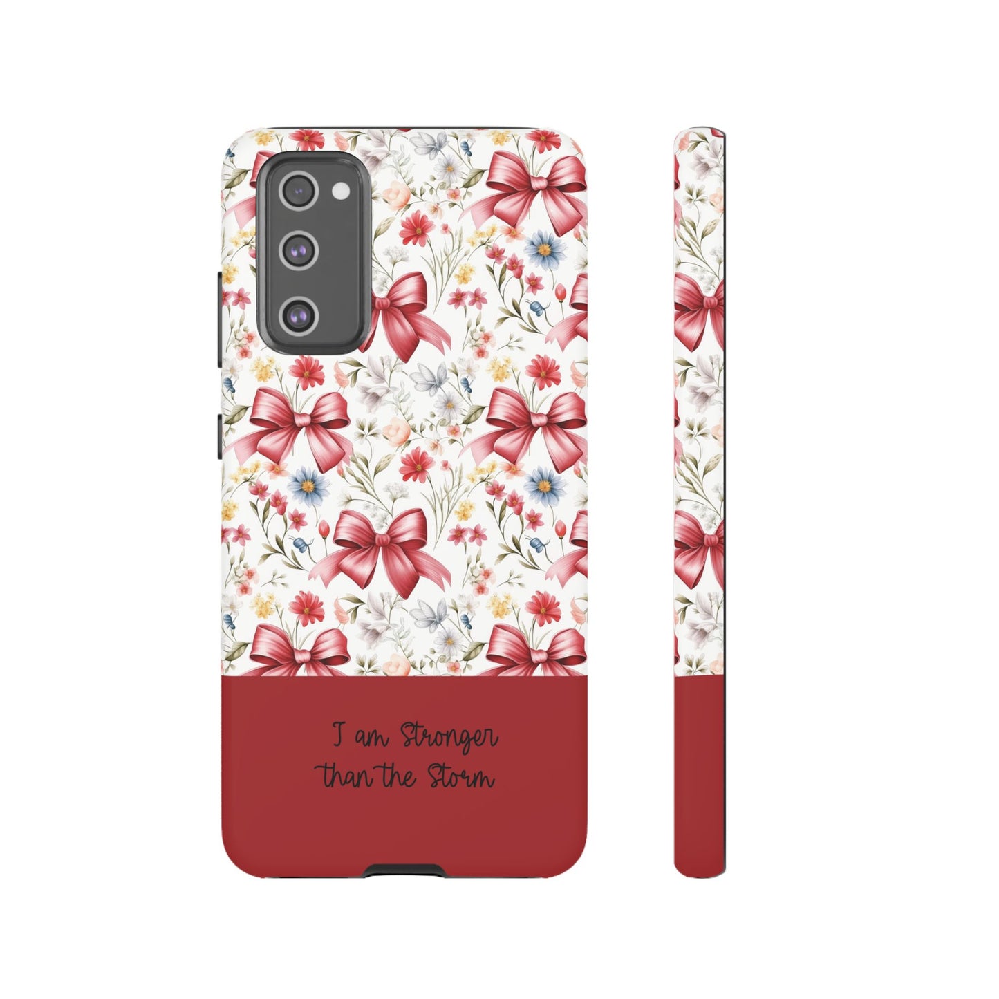Personalized Rosette Coquette Phone Case - Custom Name/Message 'I Am Stronger Than The Storm' Floral Bow Protective Case