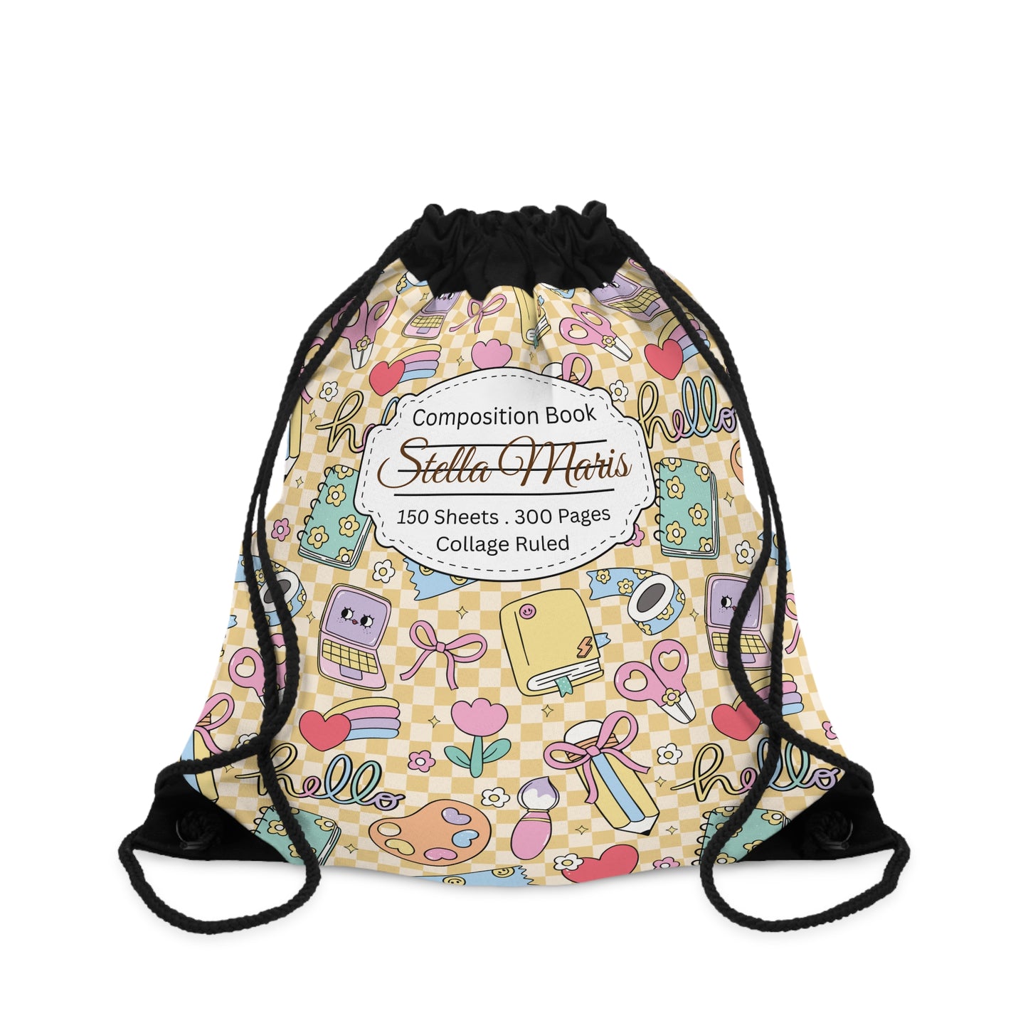 Composition Doodle Daydream Book Inspired Colorful ABC Drawstring Bag | Personalized College Ruled Tote | Kids School Gear | Fun Gym Sack | Back to School Accessory