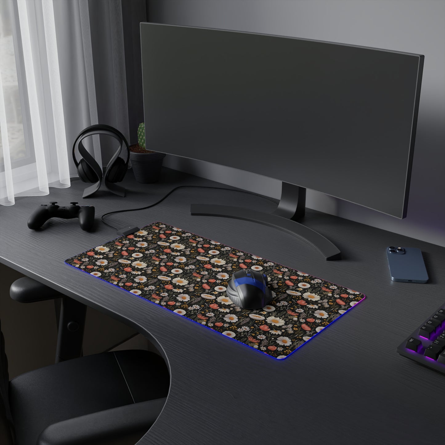 Blossom Elegance: Noir Garden LED Gaming Mouse Pad